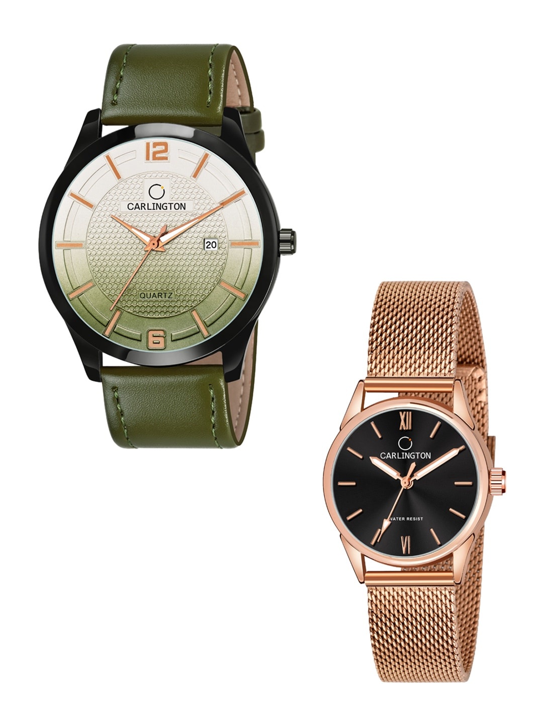 

CARLINGTON His & Her Watch Gift Set Combo CT1010 Green - CT2008 RoseBlack