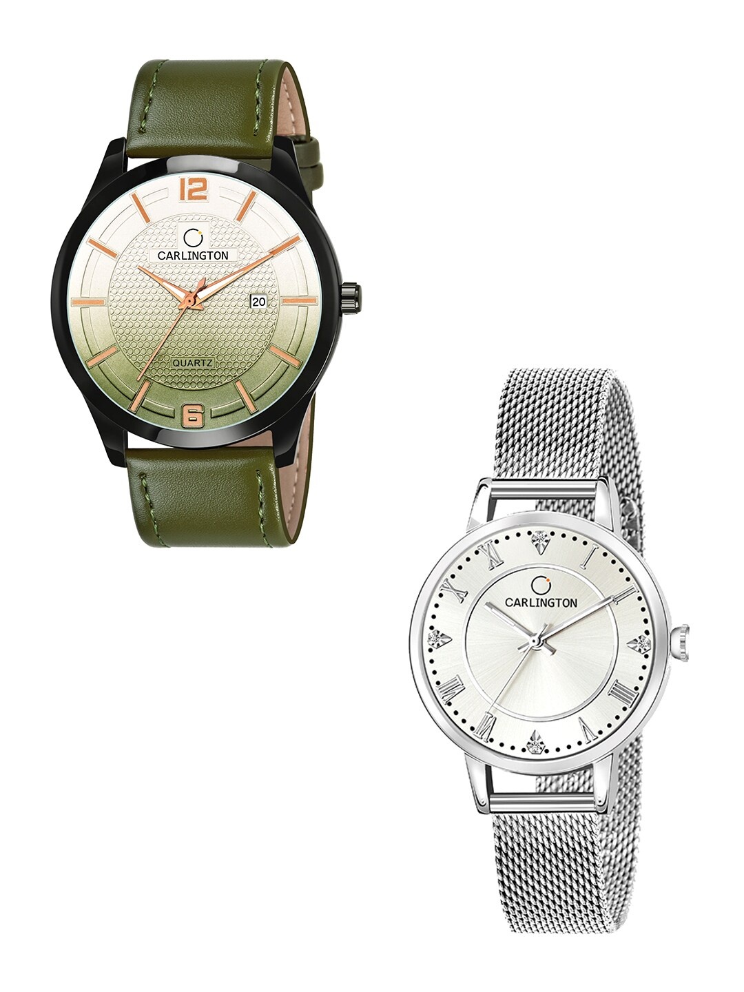 

CARLINGTON Unisex Set Of 2 Analogue Watch Combo CT1010 Green - CT2013 Silver