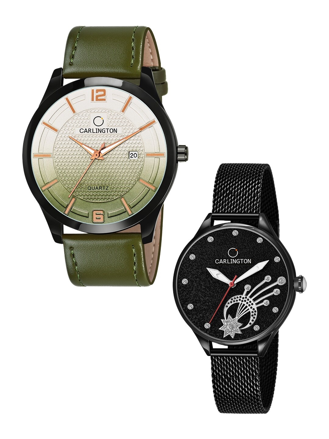 

CARLINGTON Set Of 2 Multicoloured Dial & Multicoloured Leather Straps Analogue Watch, Green