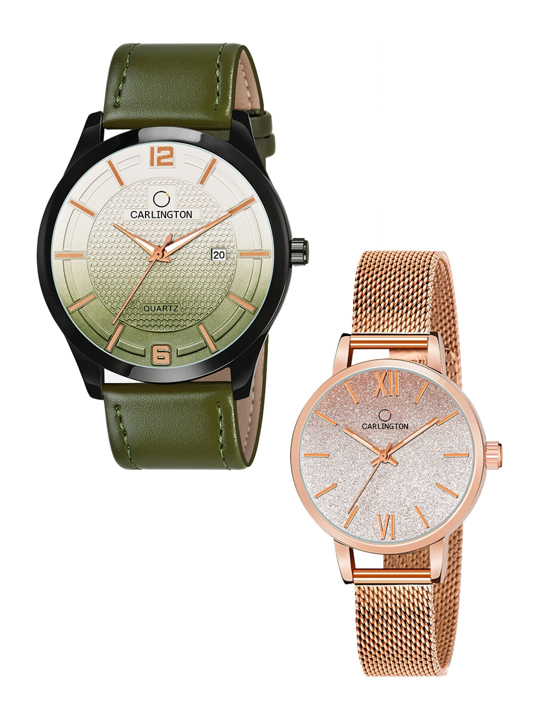 

CARLINGTON Unisex Set Of 2 Analogue Watch Combo CT1010 Green - CT2018 RoseGold