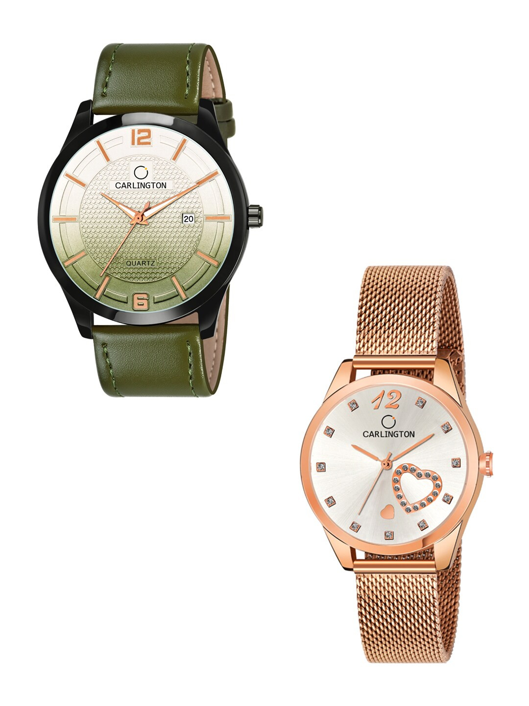 

CARLINGTON Unisex Set Of 2 Analogue Watch Combo CT1010 Green - CT2006 RoseWhite