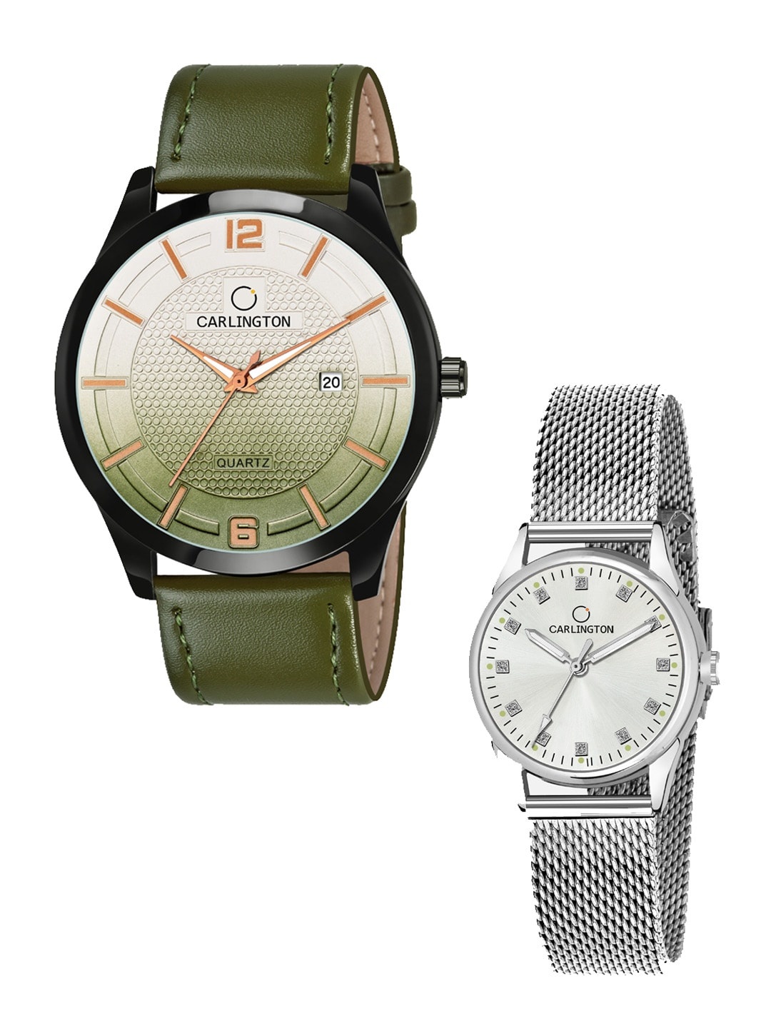 

CARLINGTON Unisex Set Of 2 Analogue Watch Combo CT1010 Green - CT2003 Silver