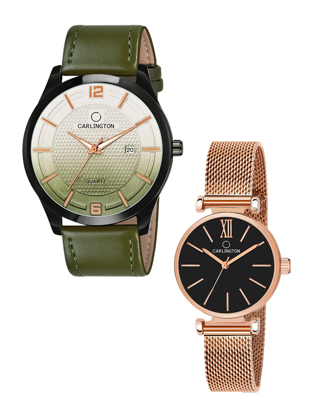 

CARLINGTON His & Her Watch Gift Set Combo CT1010 Green - CT2016 RoseBlack