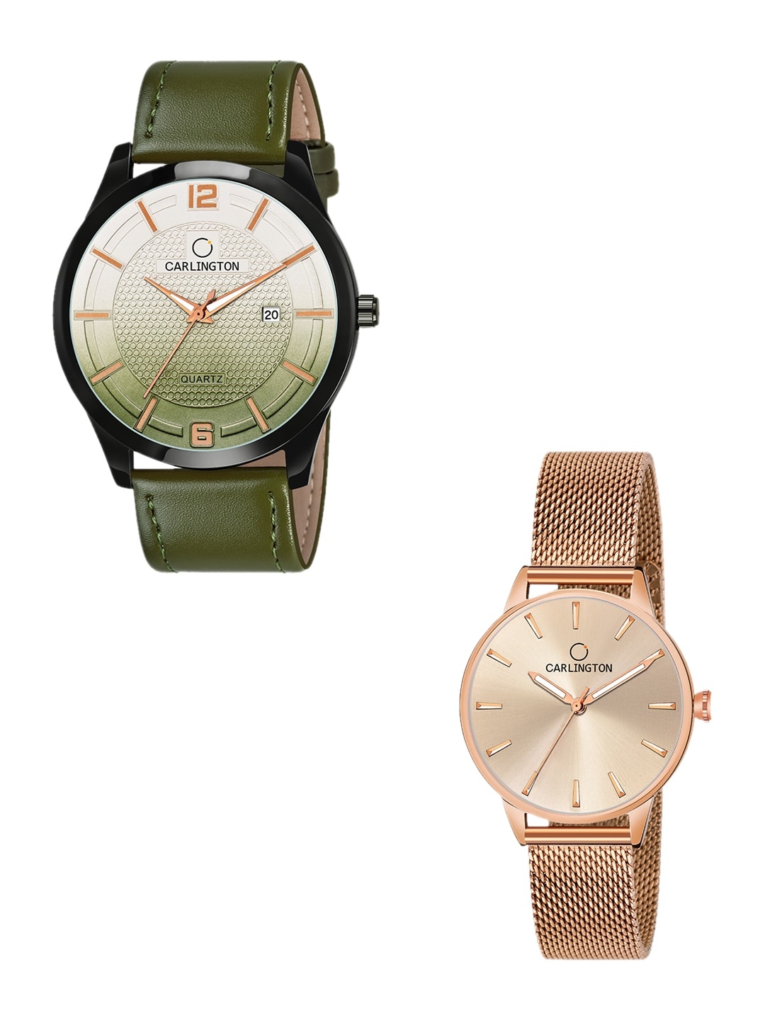 

CARLINGTON Unisex Set Of 2 Analogue Watch Combo Combo CT1010 Green - CT2007 RoseGold
