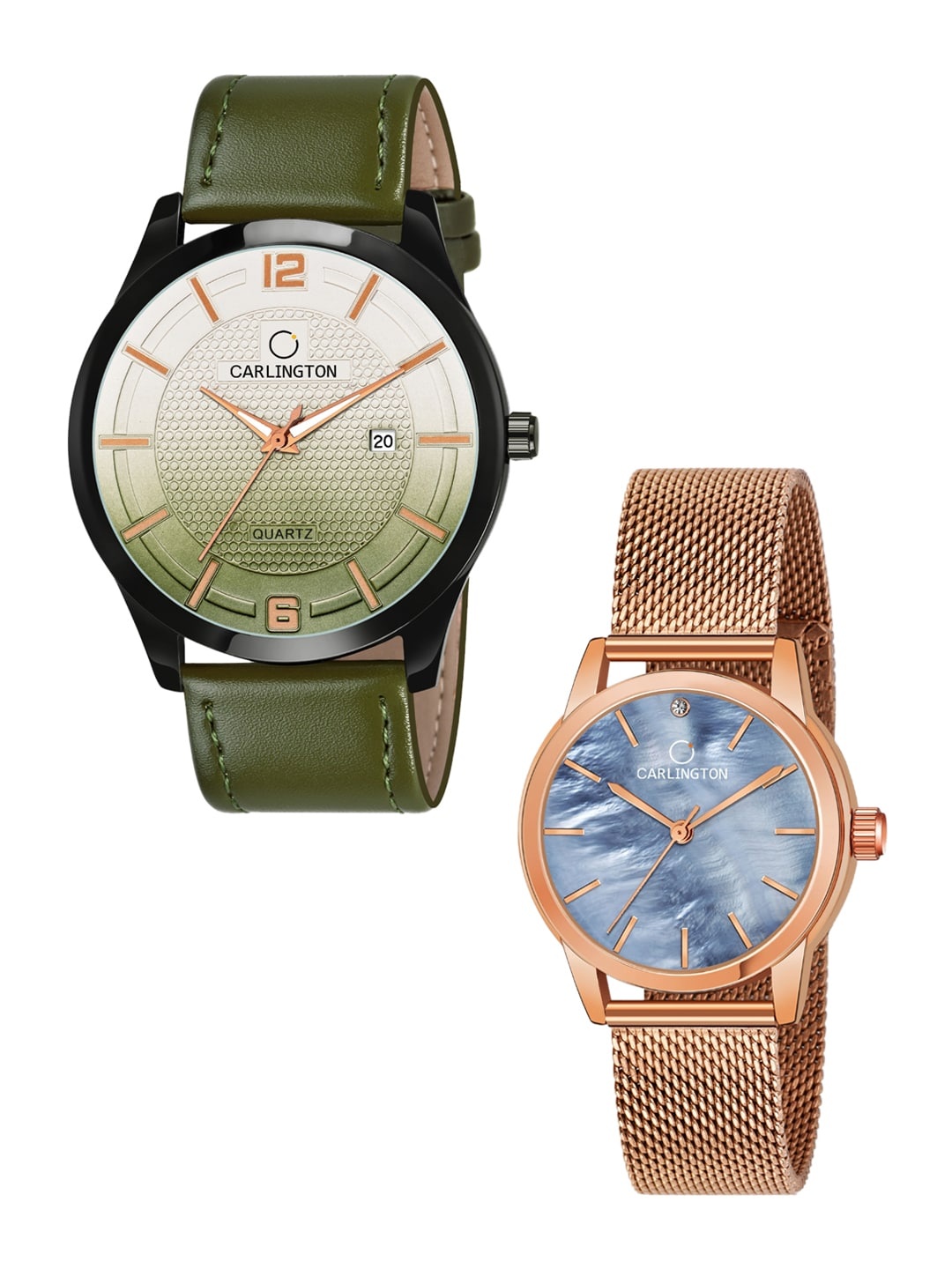 

CARLINGTON Unisex Set Of 2 Analogue Watch Combo CT1010 Green - CT2010 RoseBlue, Olive