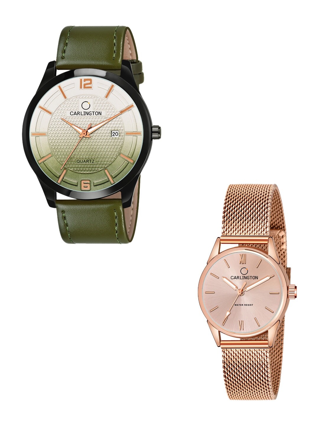 

CARLINGTON Unisex Set Of 2 Analogue Watch Combo CT1010 Green - CT2008 RoseGold