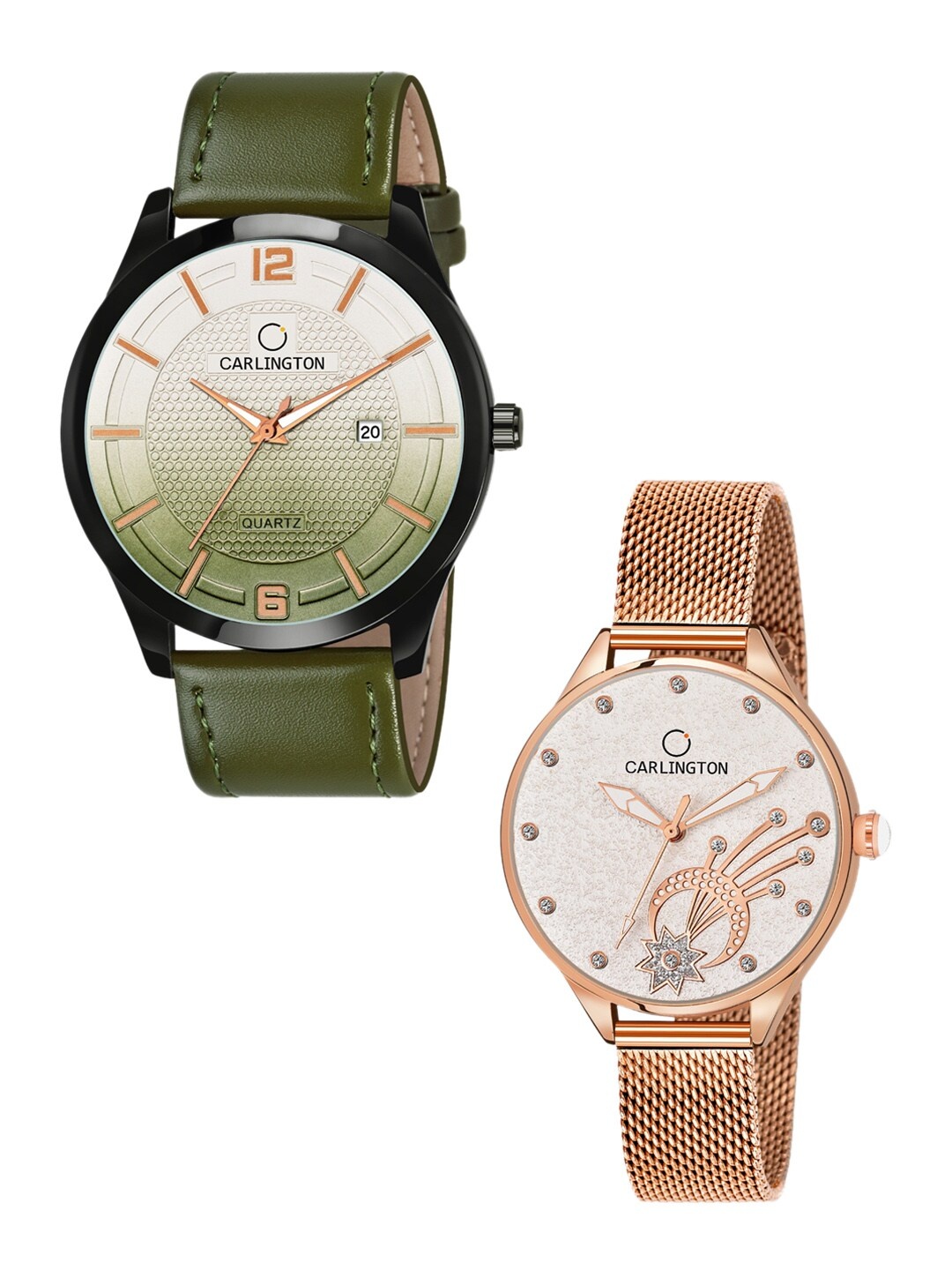 

CARLINGTON His & Her Watch Gift Set Combo CT1010 Green - CT2020 RoseWhite
