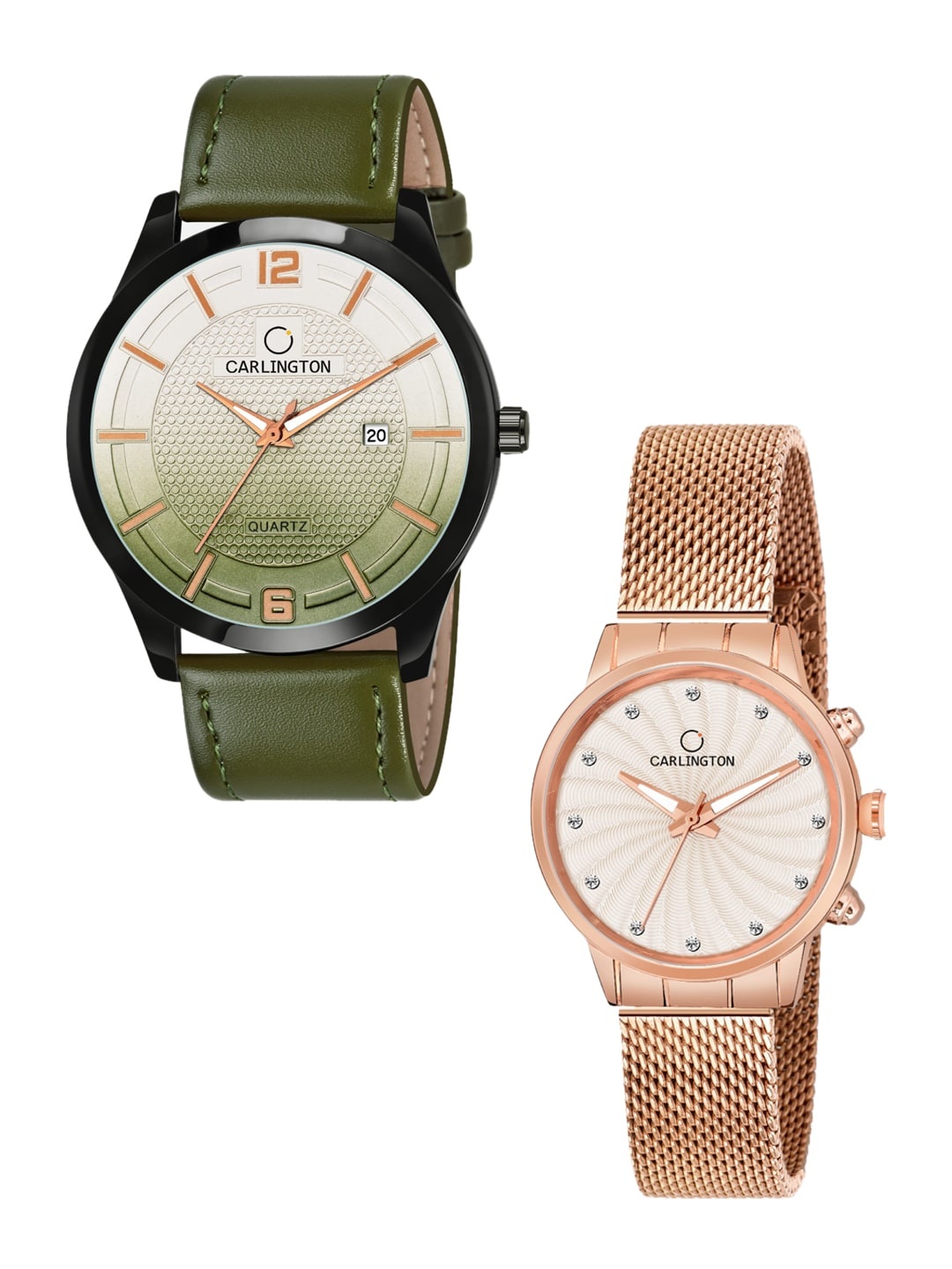 

CARLINGTON Unisex Set Of 2 Analogue Watch Combo CT1010 Green - CT2017 RoseWhite