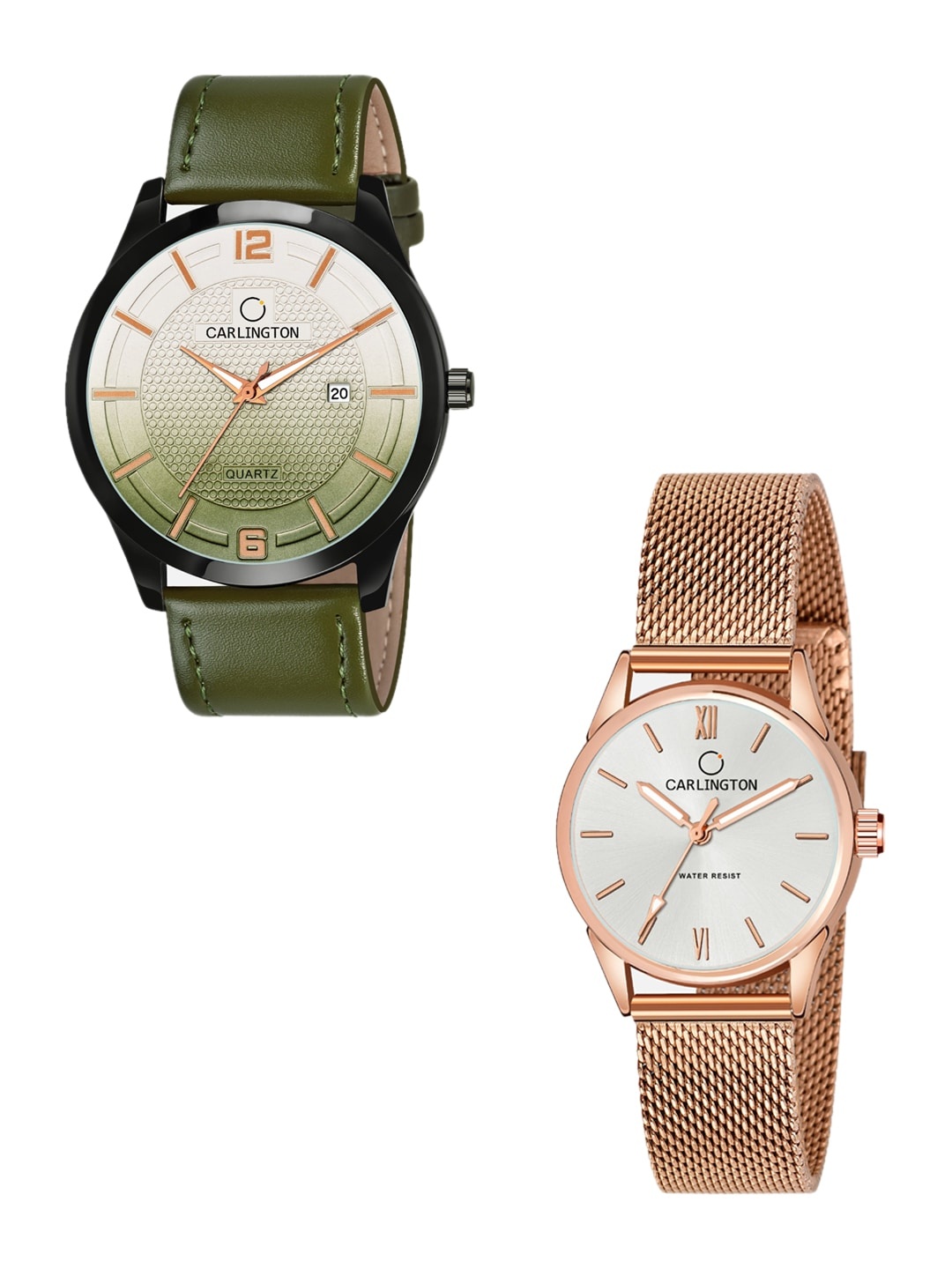 

CARLINGTON His & Her Watch Gift Set Combo CT1010 Green - CT2008 RoseWhite-