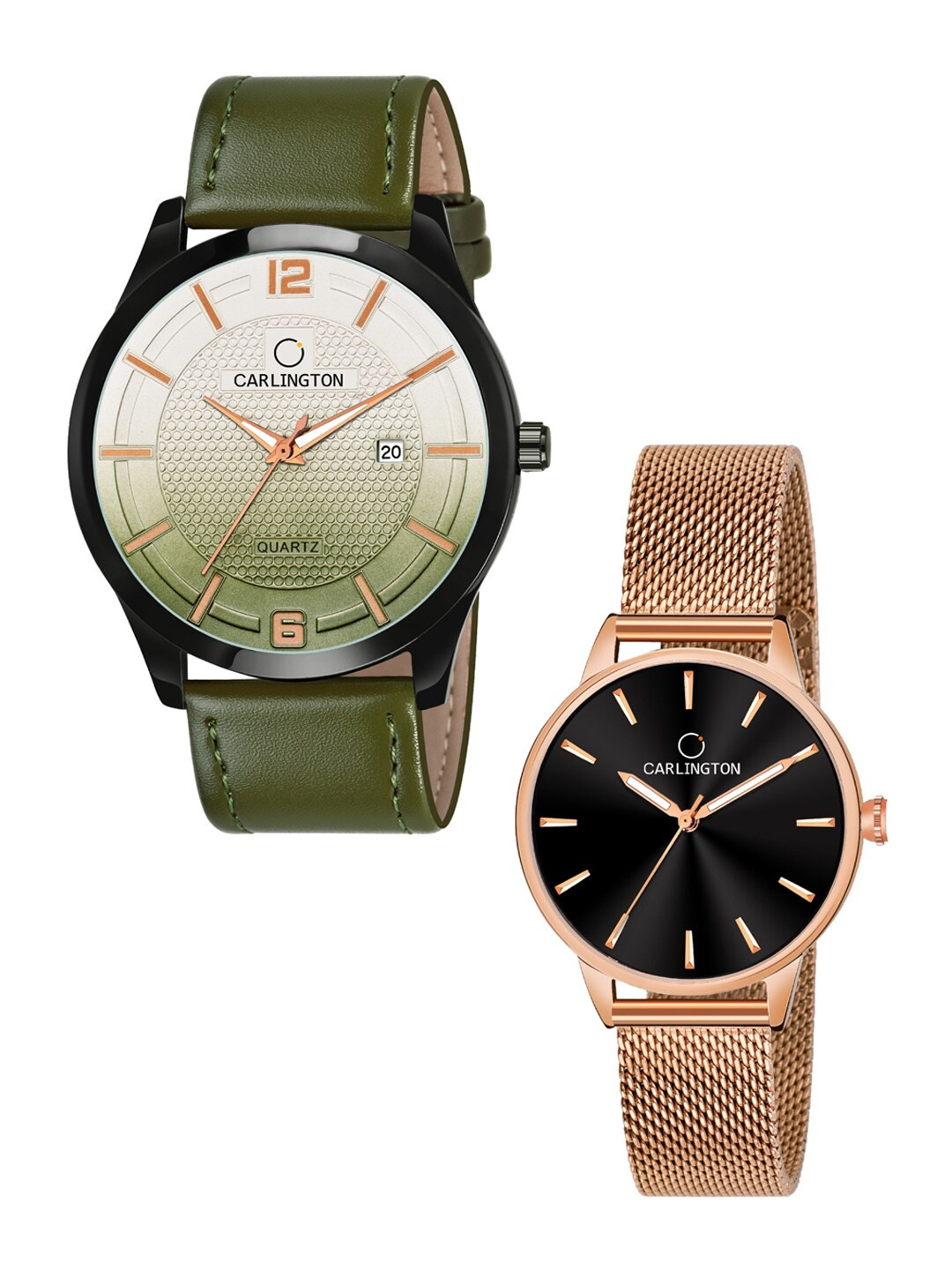 

CARLINGTON Unisex Set Of 2 Analogue Watch Combo CT1010 Green - CT2007 RoseBlack