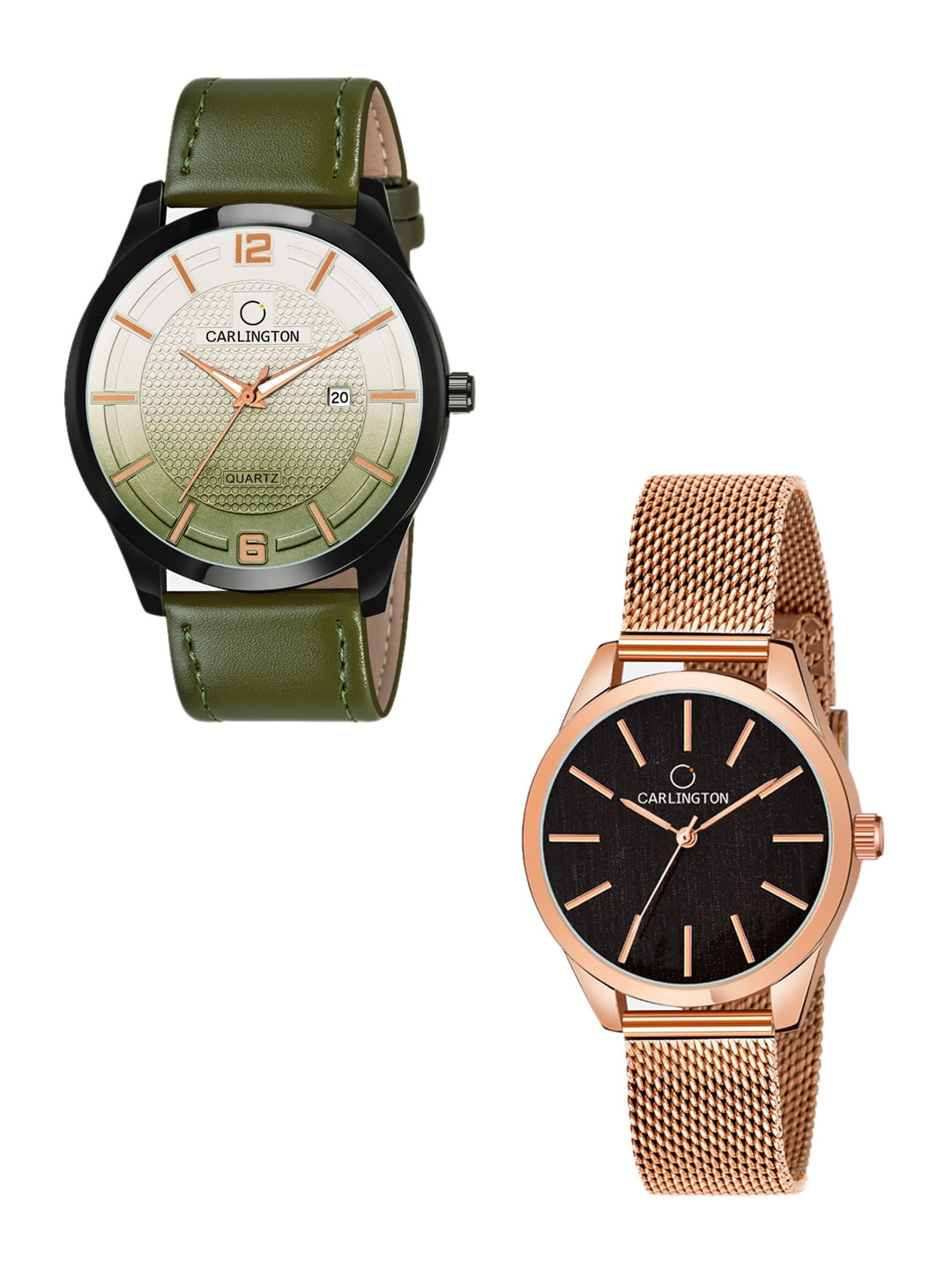 

CARLINGTON His & Her Watch Gift Set Combo CT1010 Green - CT2001 RoseBlack