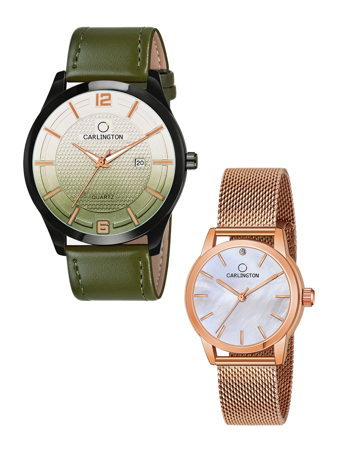 

CARLINGTON Unisex Set Of 2 Analogue Watch Combo CT1010 Green - CT2010 RoseWhite