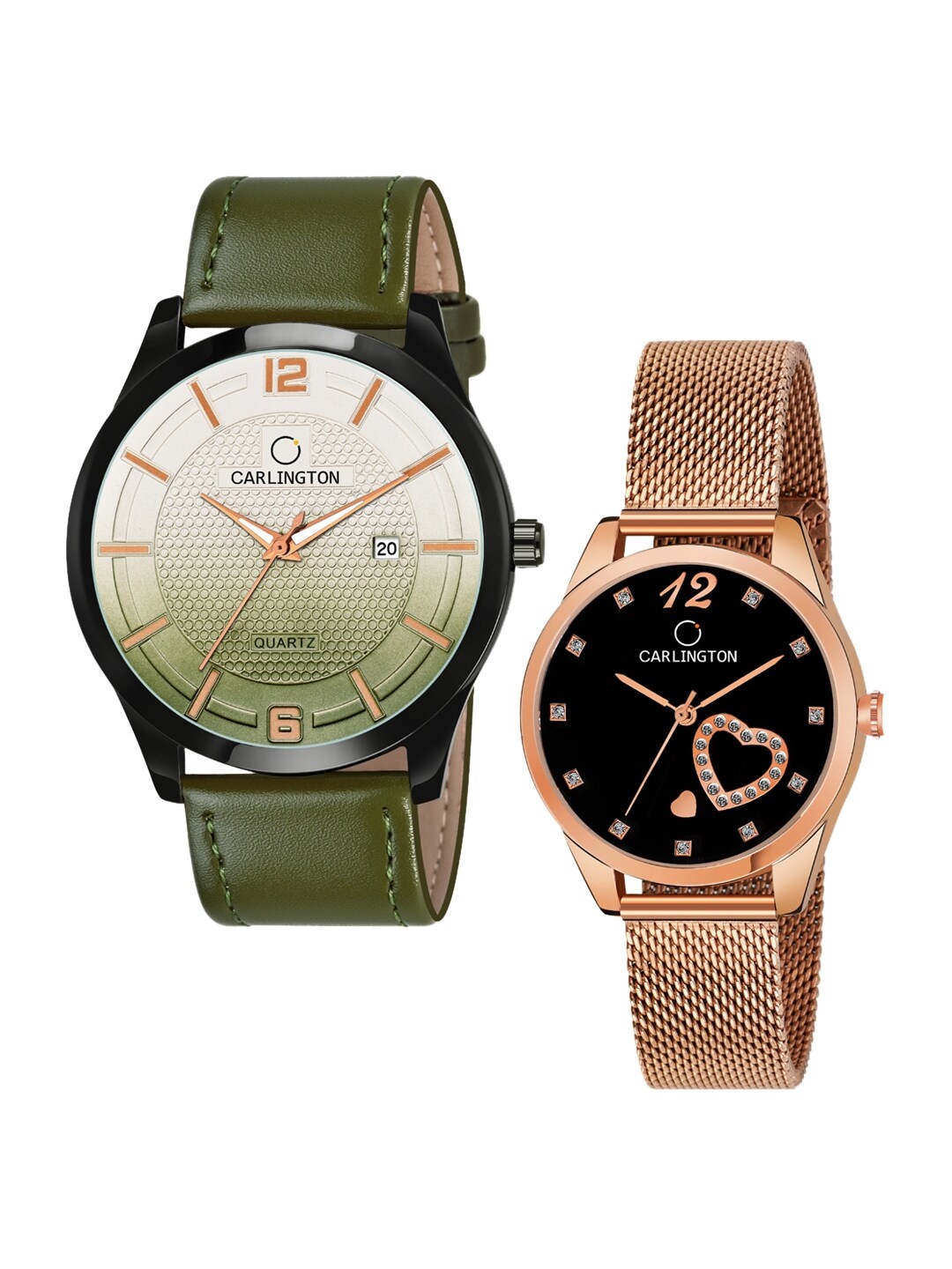 

CARLINGTON His & Her Watch Gift Set Combo CT1010 Green - CT2006 RoseBlack