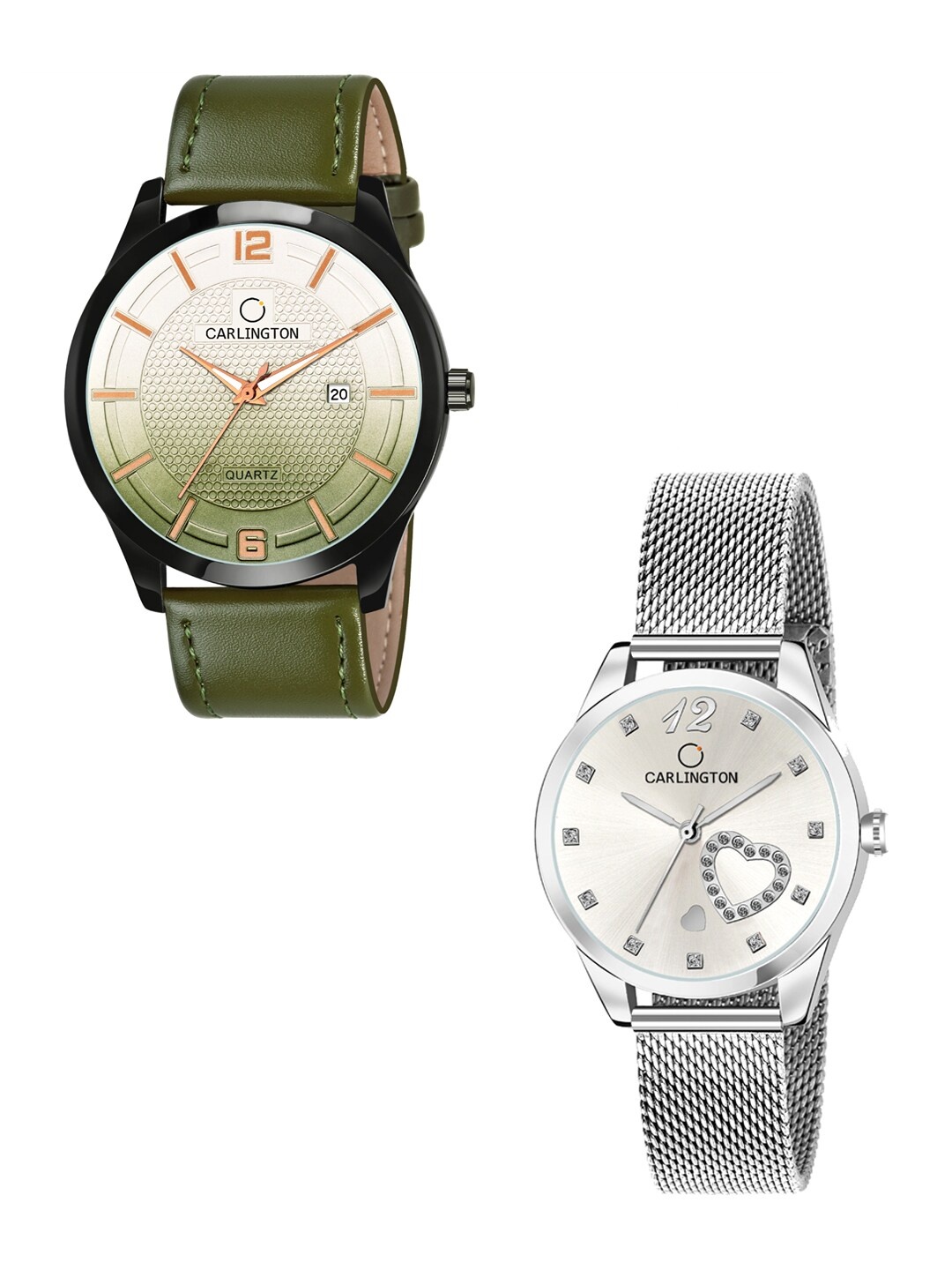 

CARLINGTON Unisex Set Of 2 Analogue Watch Combo CT1010 Green - CT2006 Silver