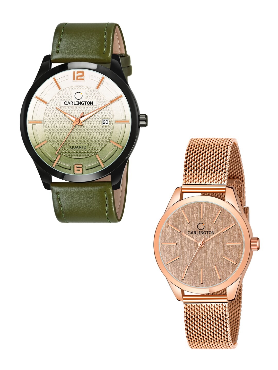 

CARLINGTON Unisex Set Of 2 Analogue Watch Combo CT1010 Green - CT2001 RoseGold