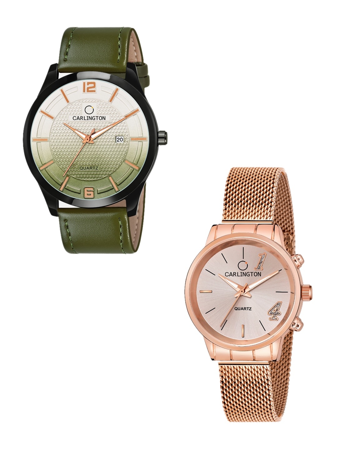

CARLINGTON His & Her Watch Gift Set Combo CT1010 Green - CT2012 RoseGold