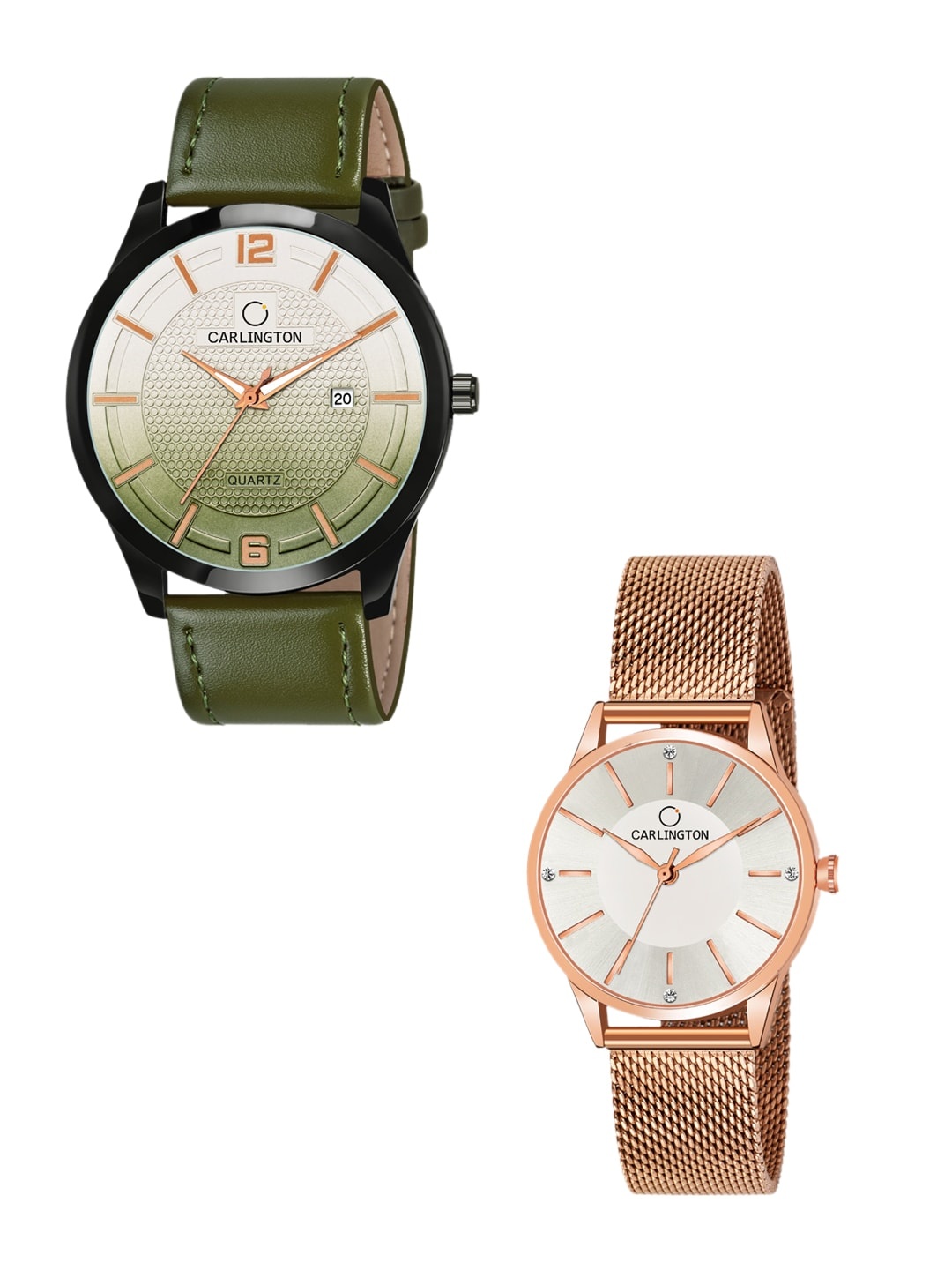 

CARLINGTON Unisex Set Of 2 Analogue Watch Combo CT1010 Green - CT2004 RoseWhite