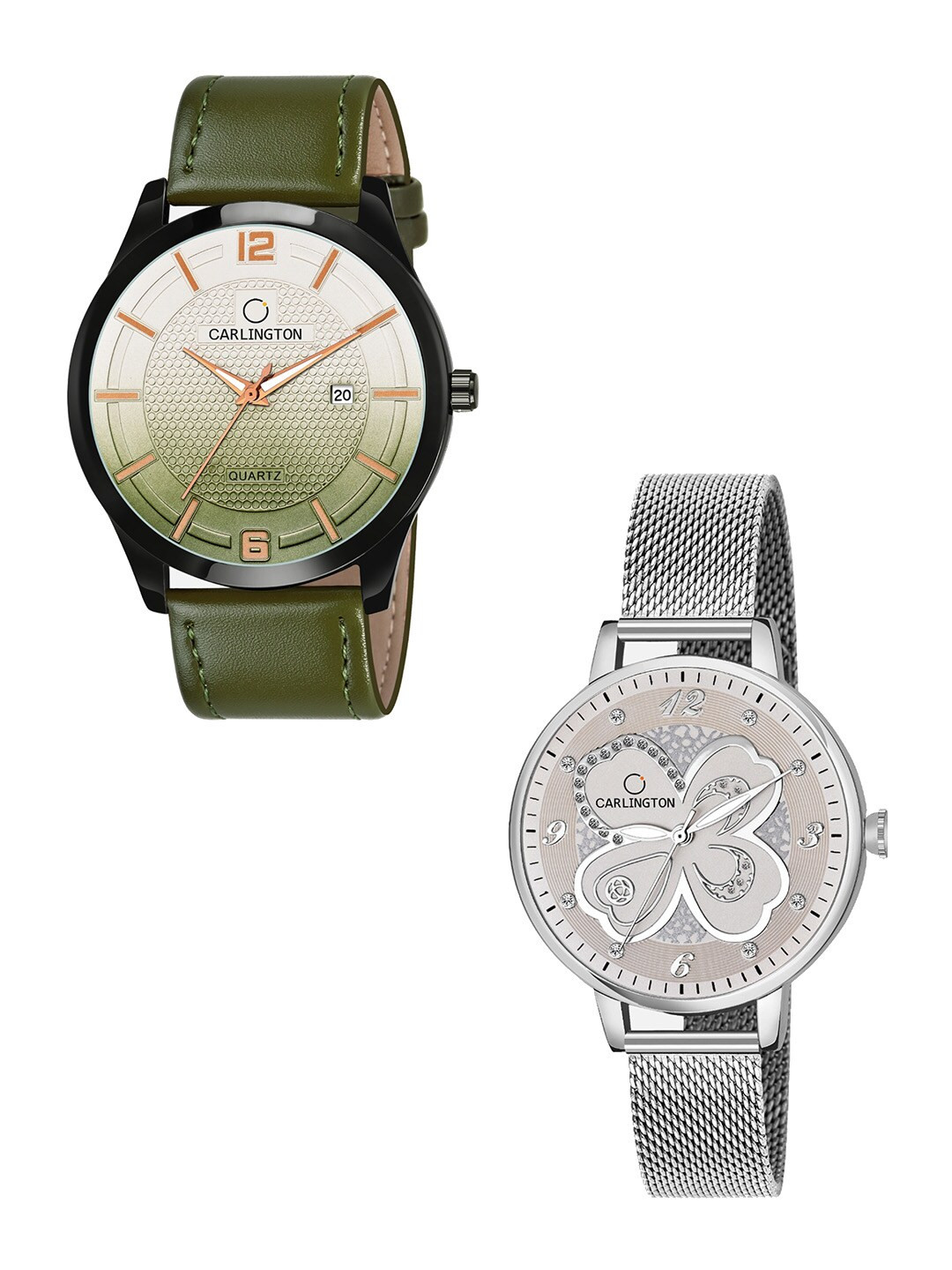 

CARLINGTON His & Her Watch Gift Set Combo CT1010 Green - CT2019 Silver
