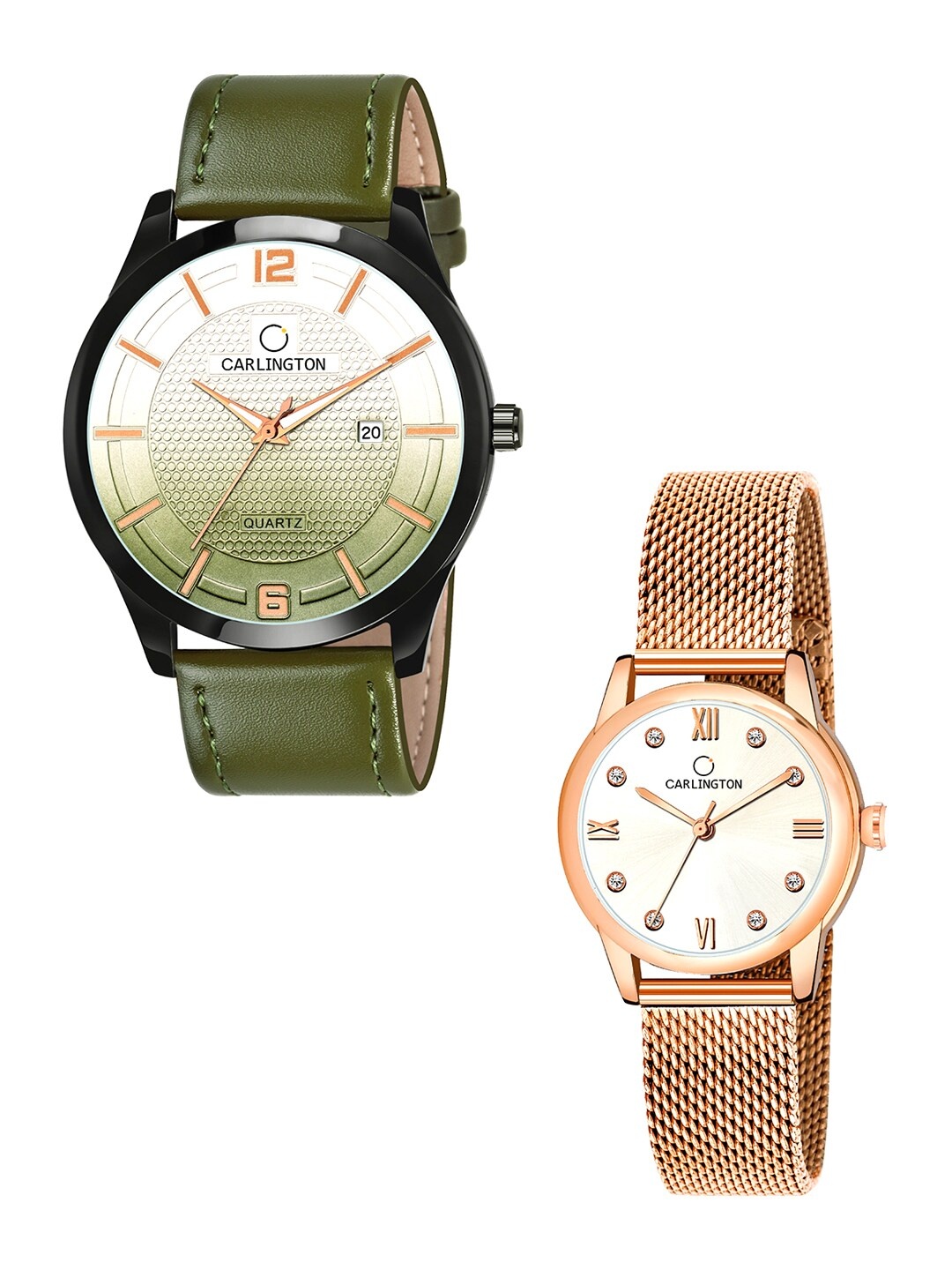 

CARLINGTON Unisex Set Of 2 Analogue Watch Combo CT1010 Green - CT2005 RoseWhite