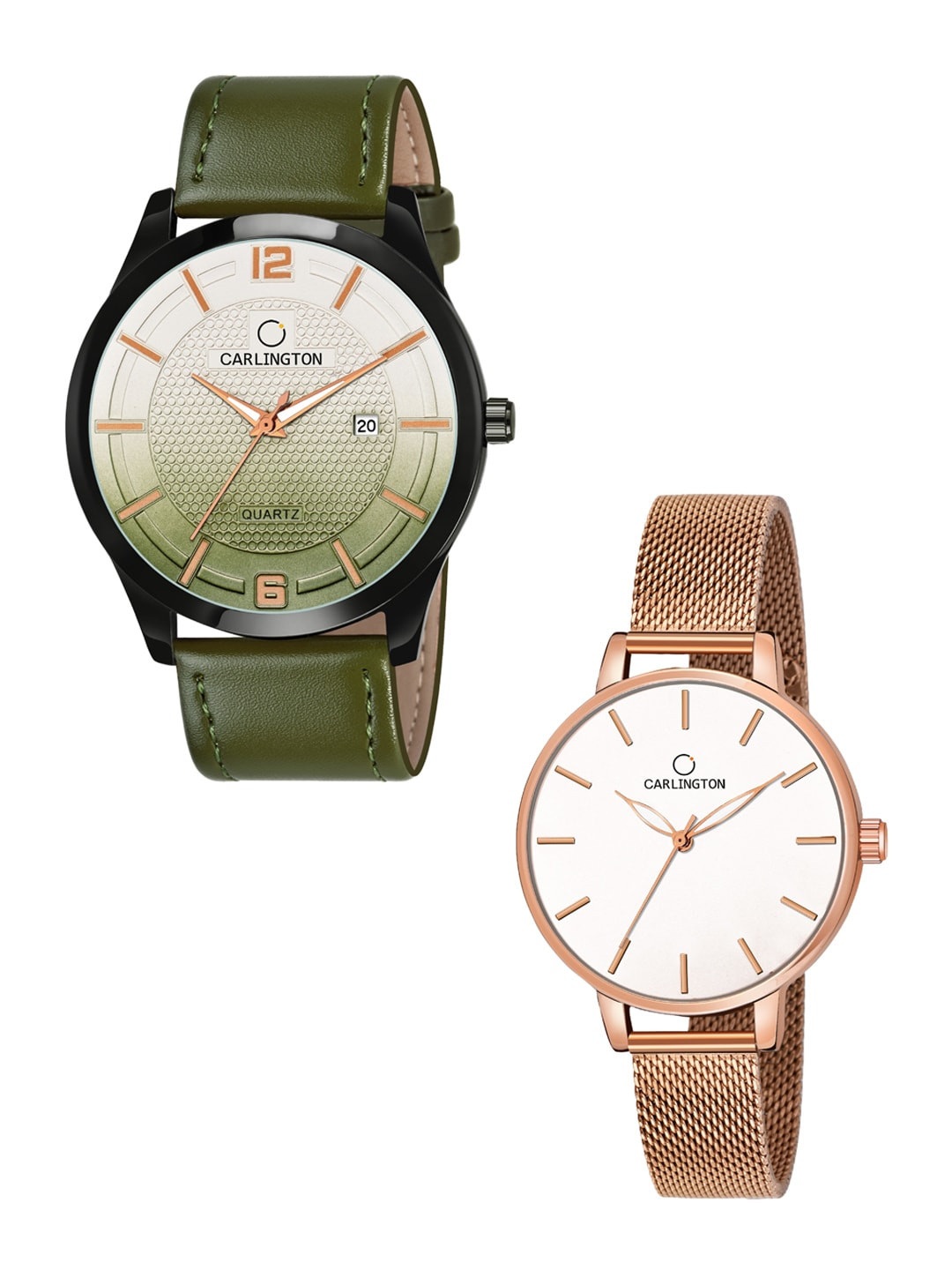 

CARLINGTON His & Her Watch Gift Set Combo CT1010 Green - CT2014 RoseWhite