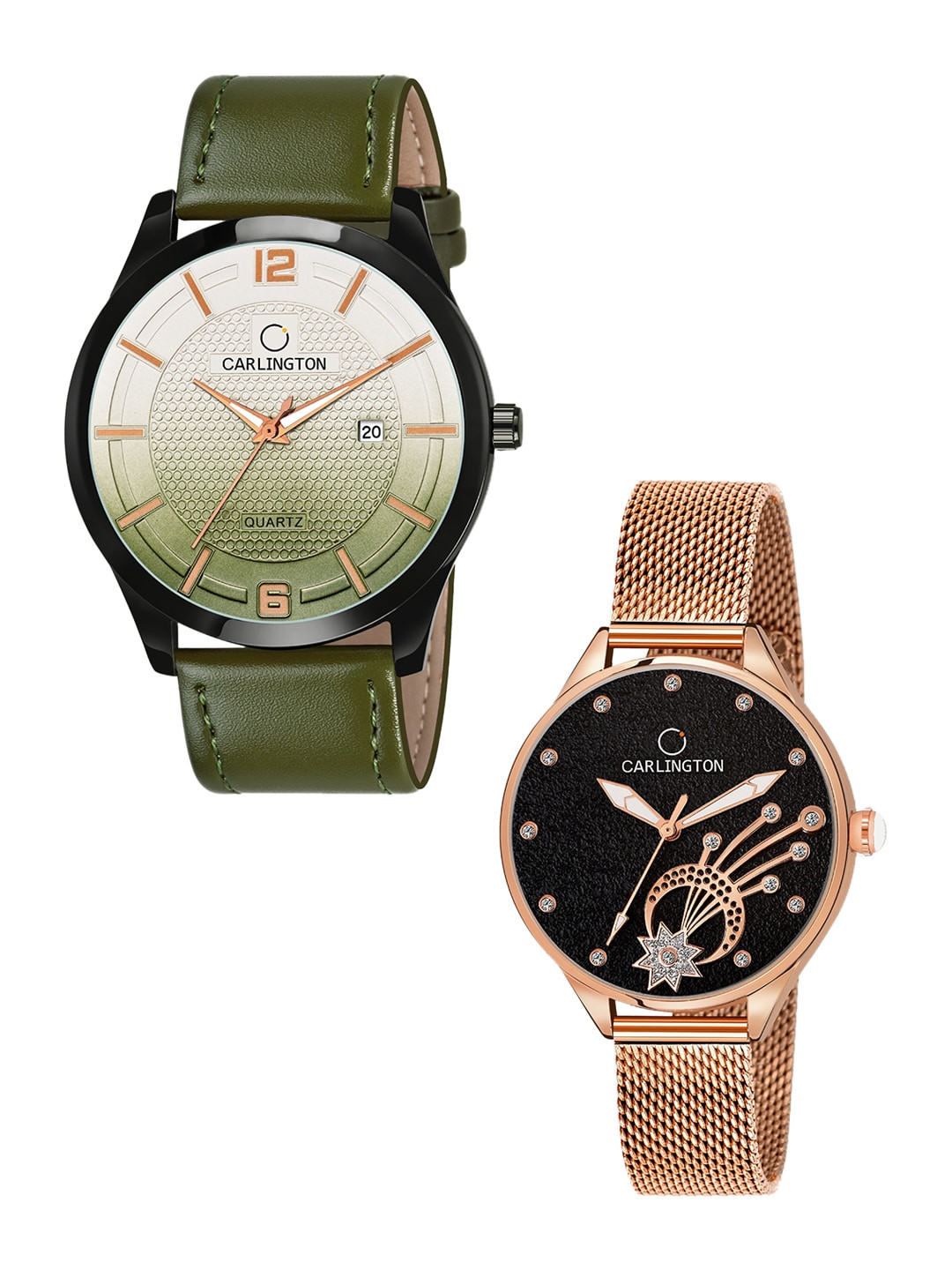 

CARLINGTON Unisex Set Of 2 Analogue Watch Combo CT1010 Green - CT2020 RoseBlack