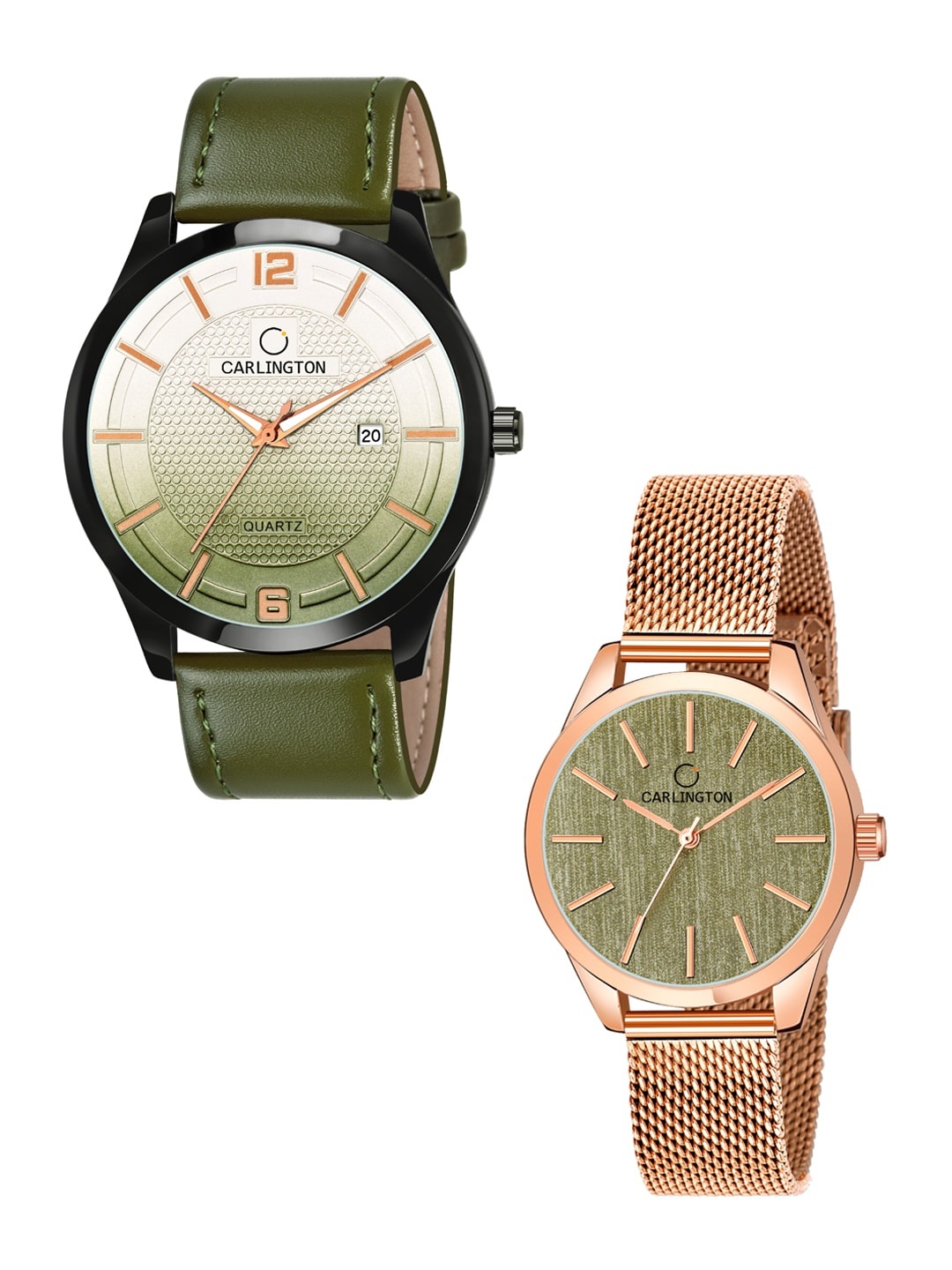 

CARLINGTON Unisex Set Of 2 Analogue Watch Combo CT1010 Green - CT2001 RoseGreen