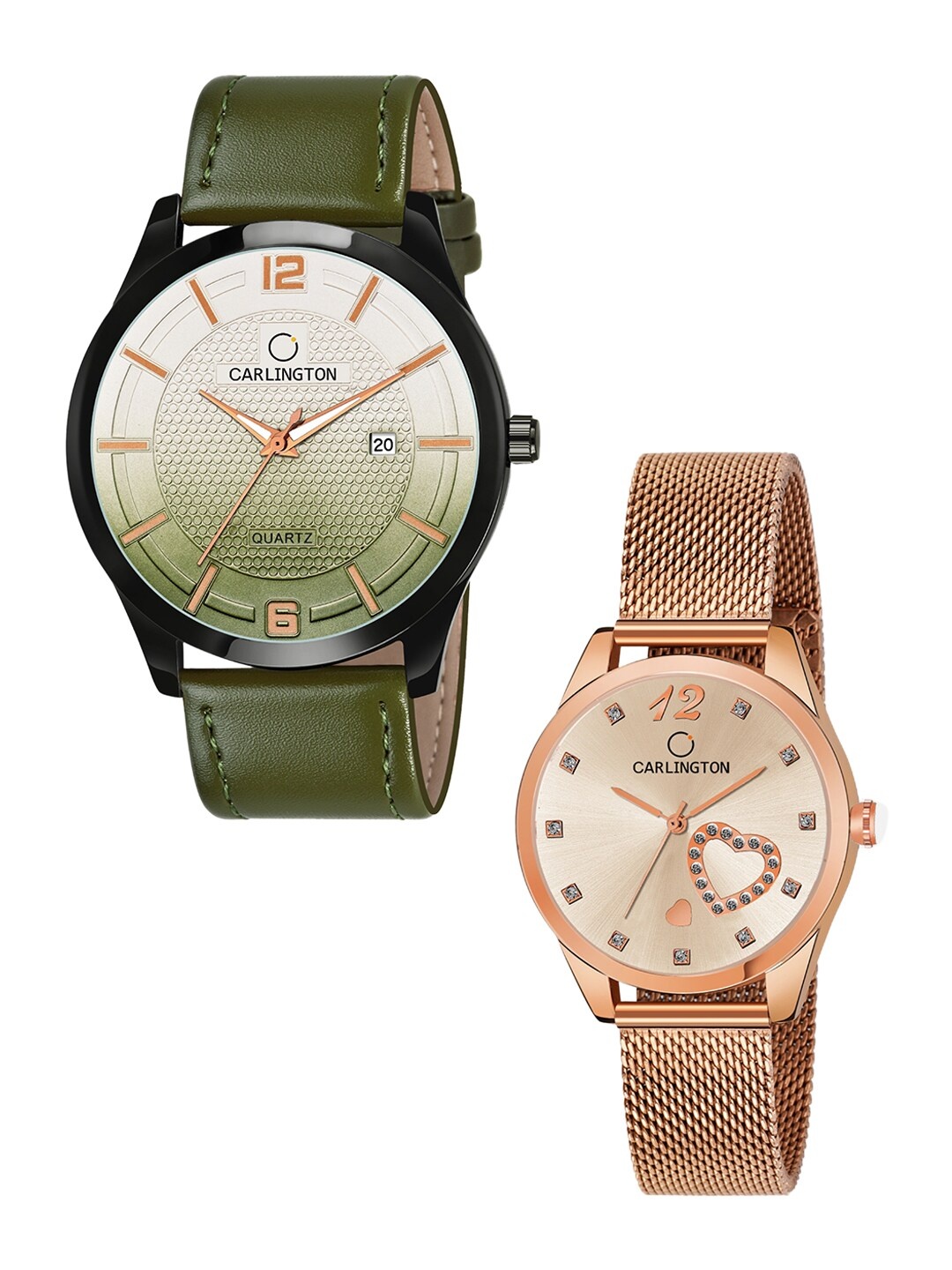 

CARLINGTON Unisex Set Of 2 Analogue Watch Combo CT1010 Green - CT2006 RoseGold