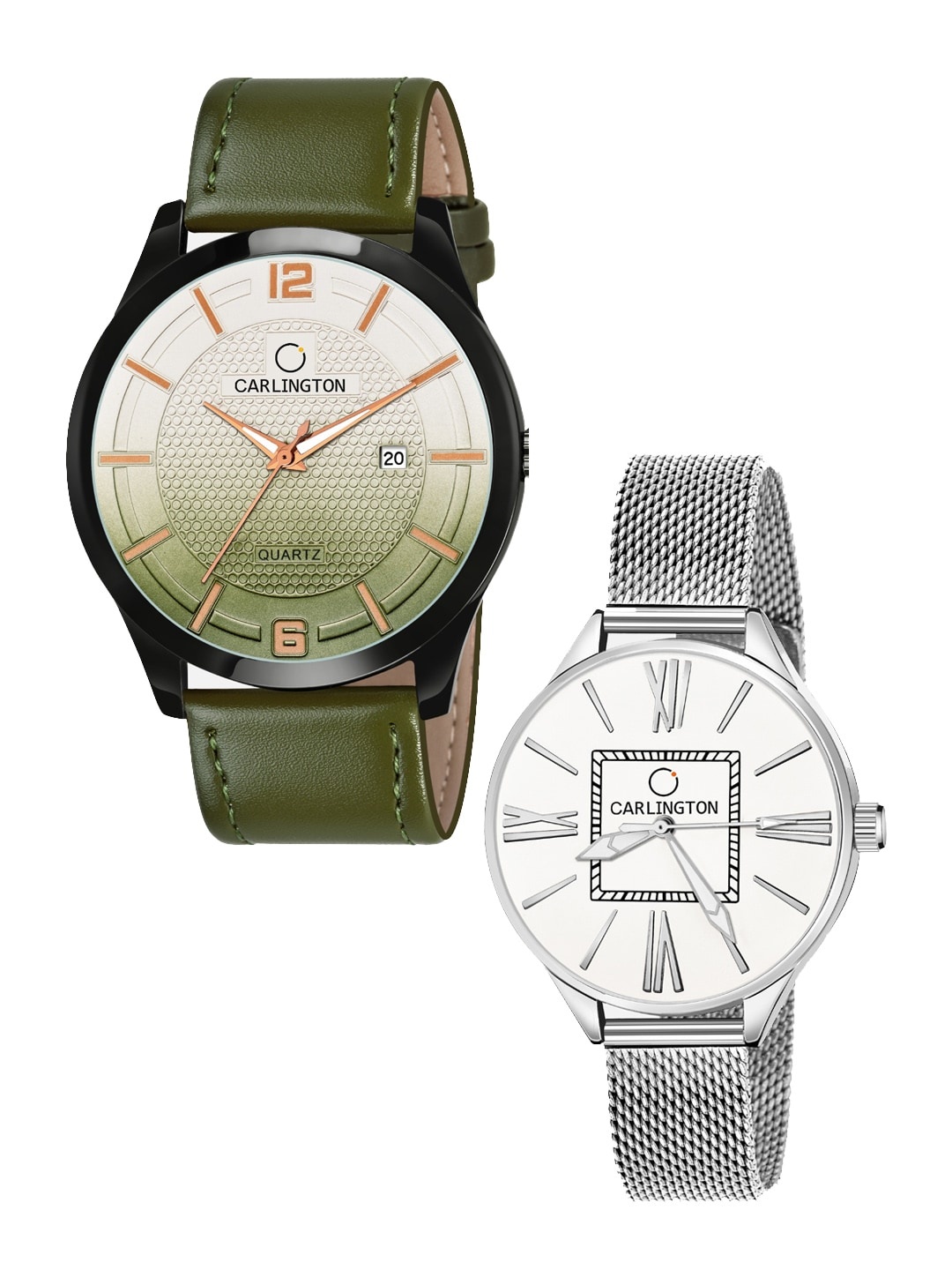 

CARLINGTON Unisex Set Of 2 Analogue Watch Combo CT1010 Green - CT2015 Silver