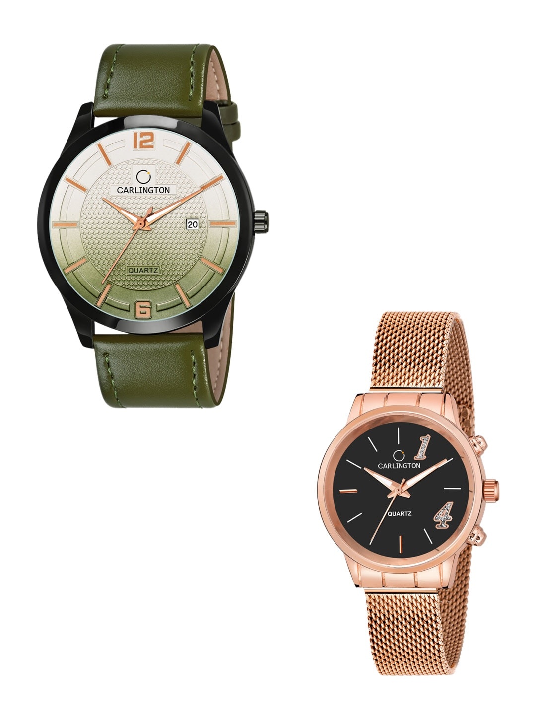 

CARLINGTON His & Her Watch Gift Set Combo CT1010 Green - CT2012 RoseBlack