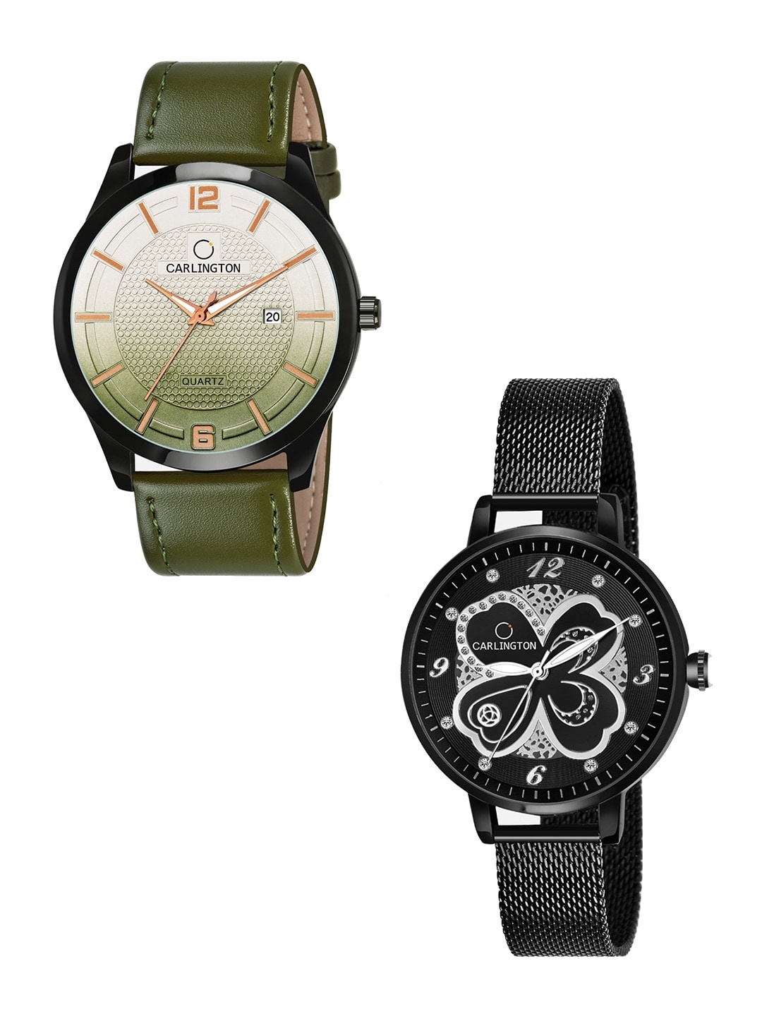 

CARLINGTON Unisex Set Of 2 Analogue Watch Combo CT1010 Green - CT2019 Black