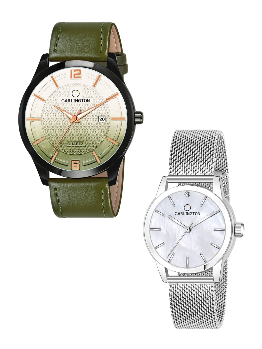 

CARLINGTON His & Her Watch Gift Set Combo CT1010 Green - CT2010 Silver