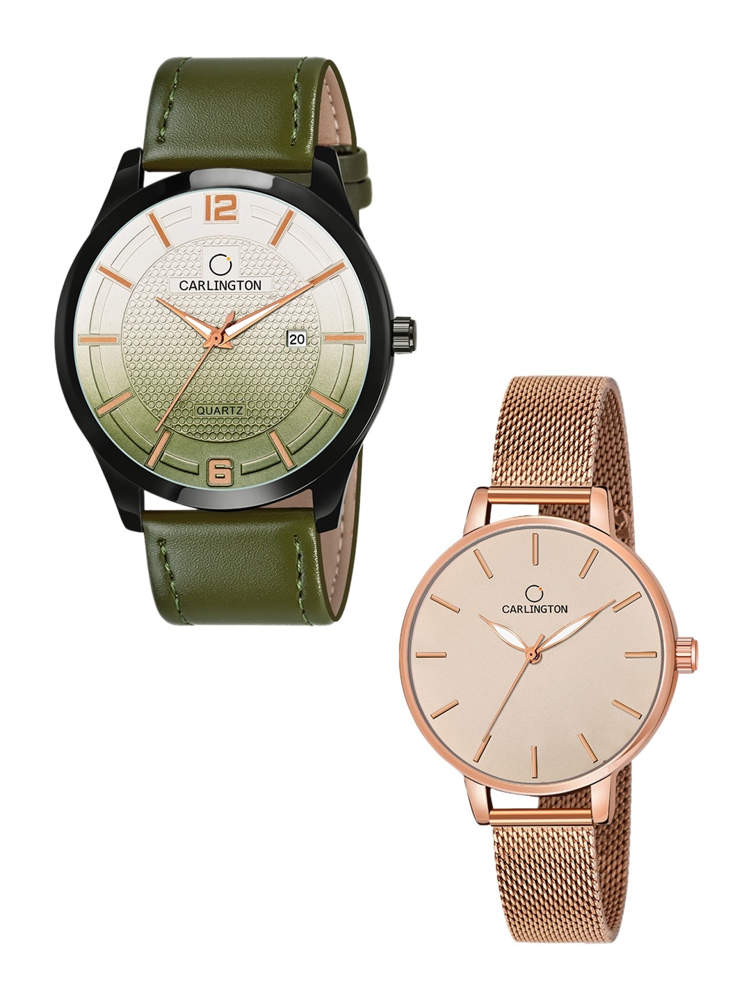 

CARLINGTON Unisex Set Of 2 Analogue Watch Combo CT1010 Green - CT2014 RoseGold