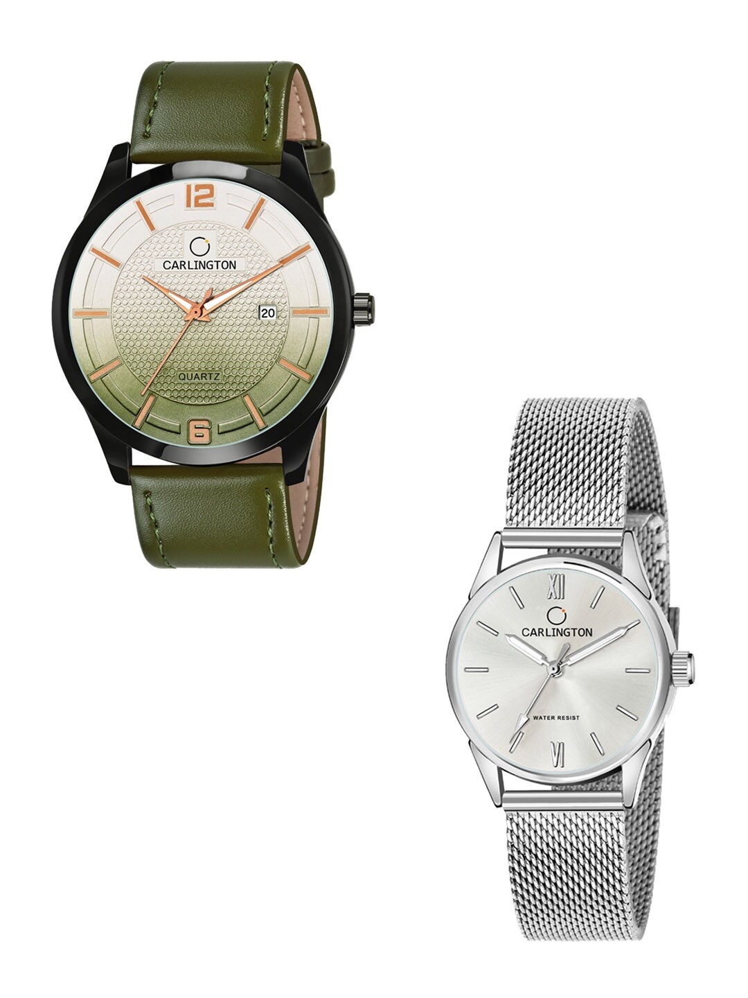 

CARLINGTON His & Her Watch Gift Set Combo CT1010 Green - CT2008 Silver