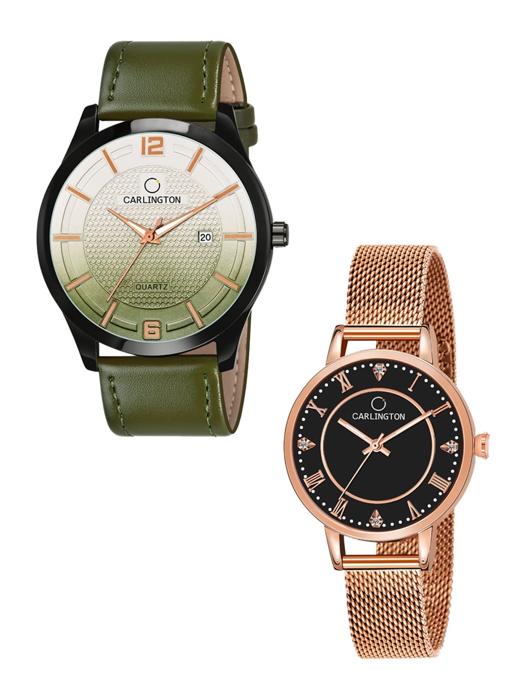 

CARLINGTON His & Her Watch Gift Set Combo CT1010 Green - CT2013 RoseBlack