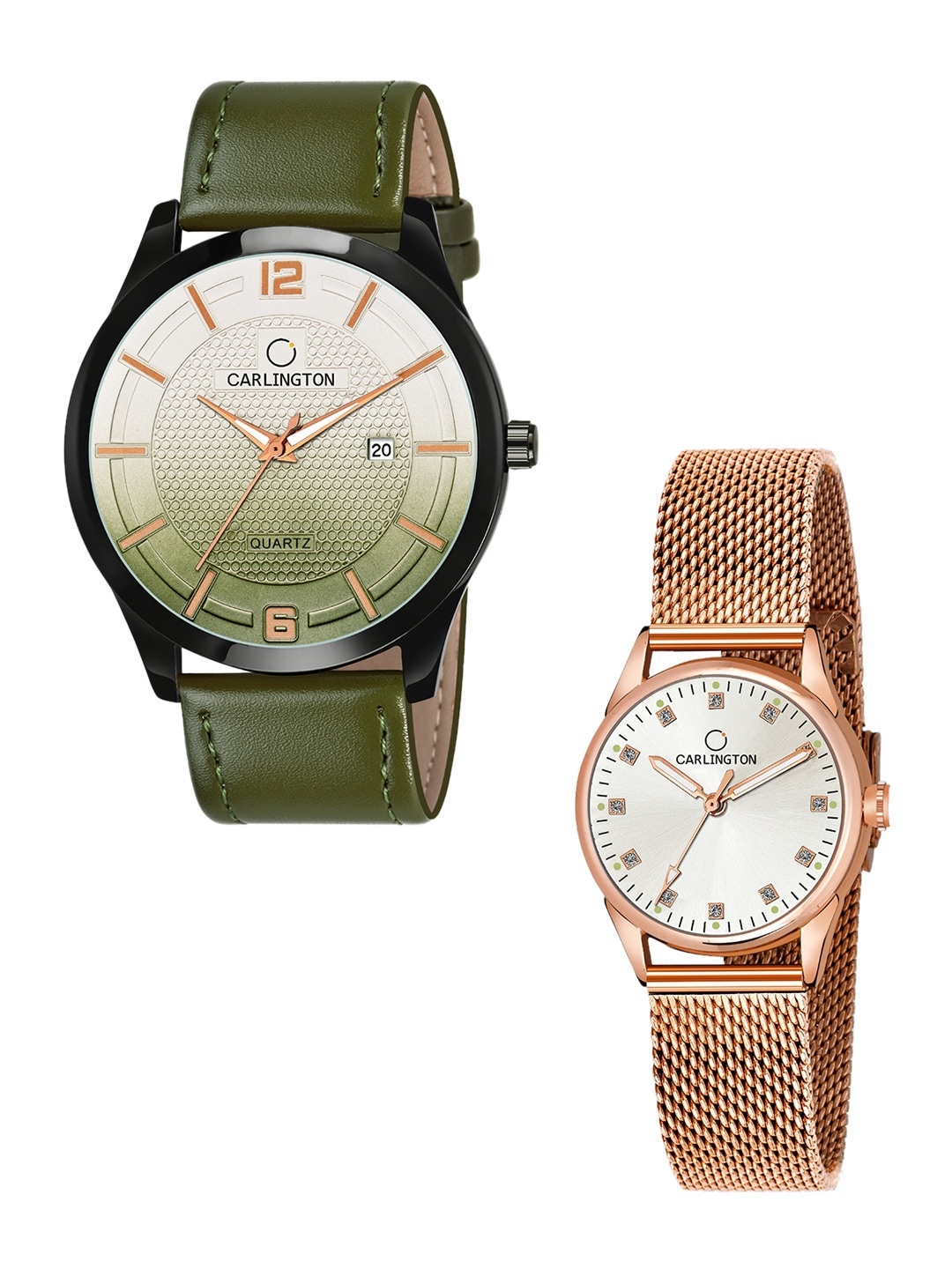 

CARLINGTON Unisex Set Of 2 Analogue Watch Combo CT1010 Green - CT2004 RoseGold