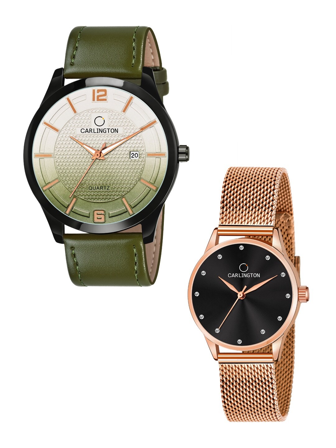 

CARLINGTON His & Her Watch Gift Set Combo CT1010 Green - CT2009 RoseBlack