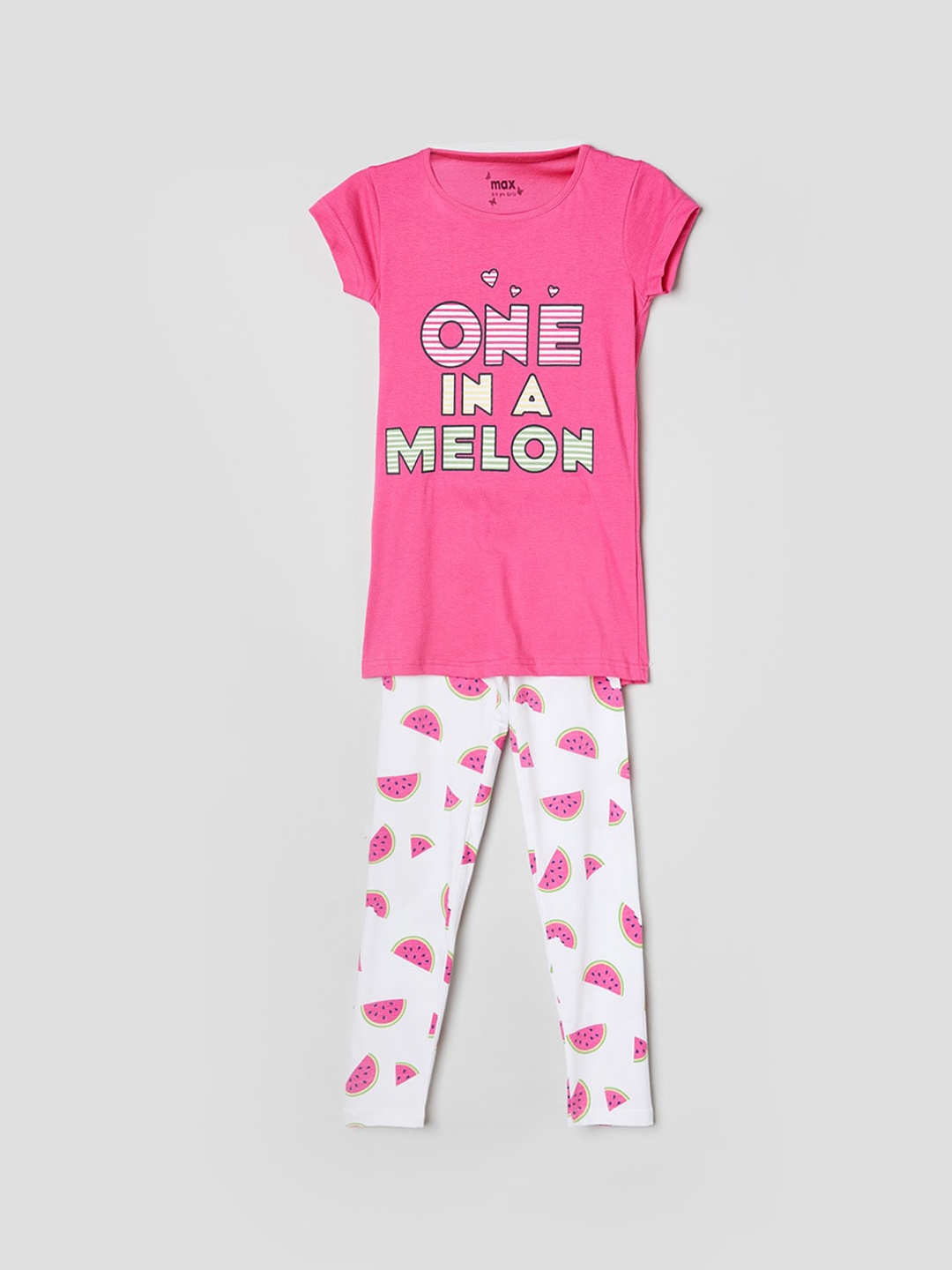 

max Girls Pink & White Printed Night Suit