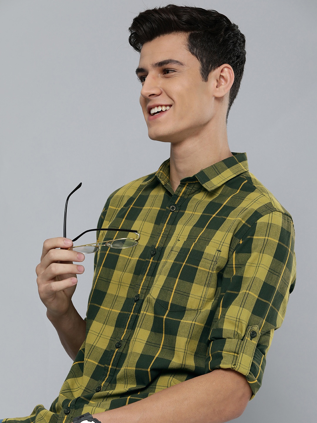 

HERE&NOW Men Green And Yellow Slim Fit Tartan Checked Pure Cotton Sustainable Casual Shirt