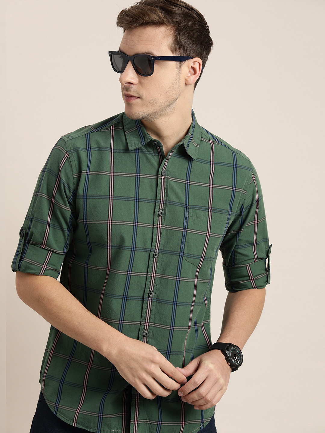 

Moda Rapido Men Green & Blue Slim Fit Windowpane Checks Checked Casual Shirt
