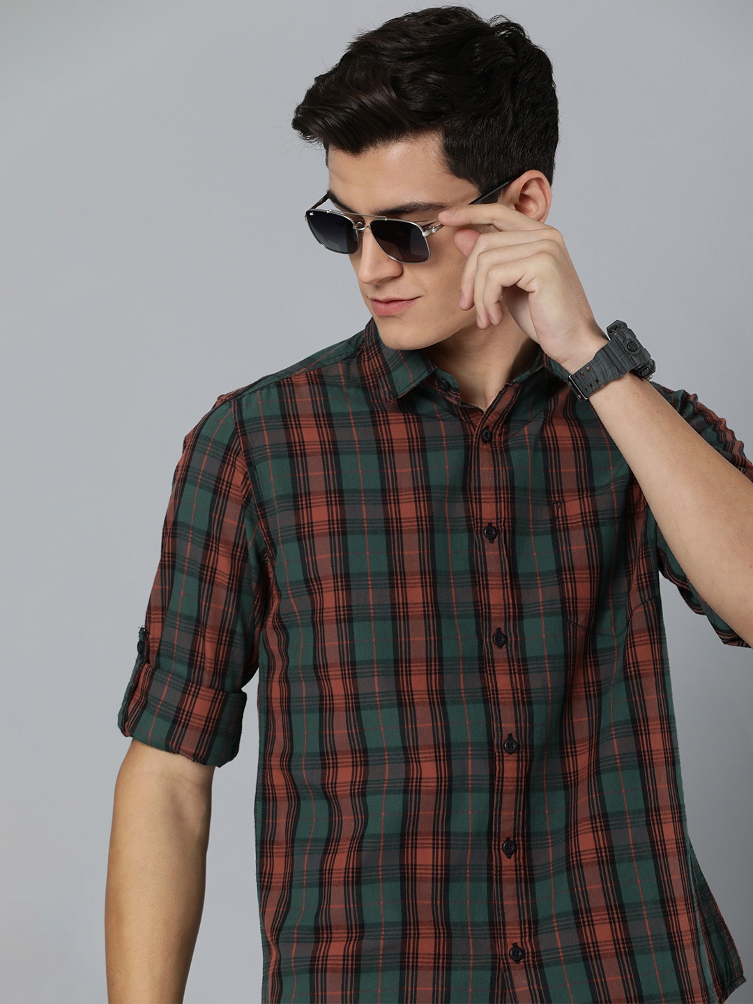 

HERE&NOW Men Teal Green And Peach Slim Fit Checked Pure Cotton Sustainable Casual Shirt