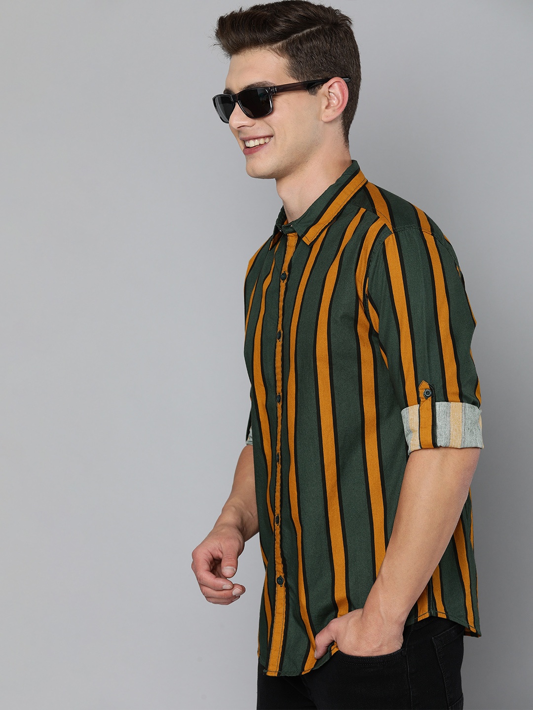 

HERE&NOW Men Green Slim Fit Striped Sustainable Casual Shirt