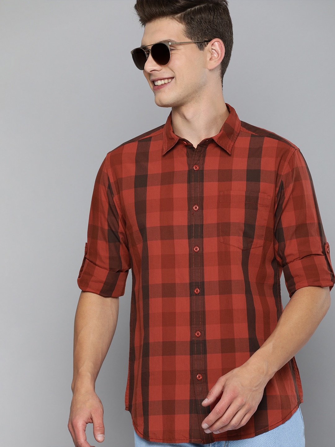 

HERE&NOW Men Red & Brown Checked Slim Fit Pure Cotton Casual Shirt