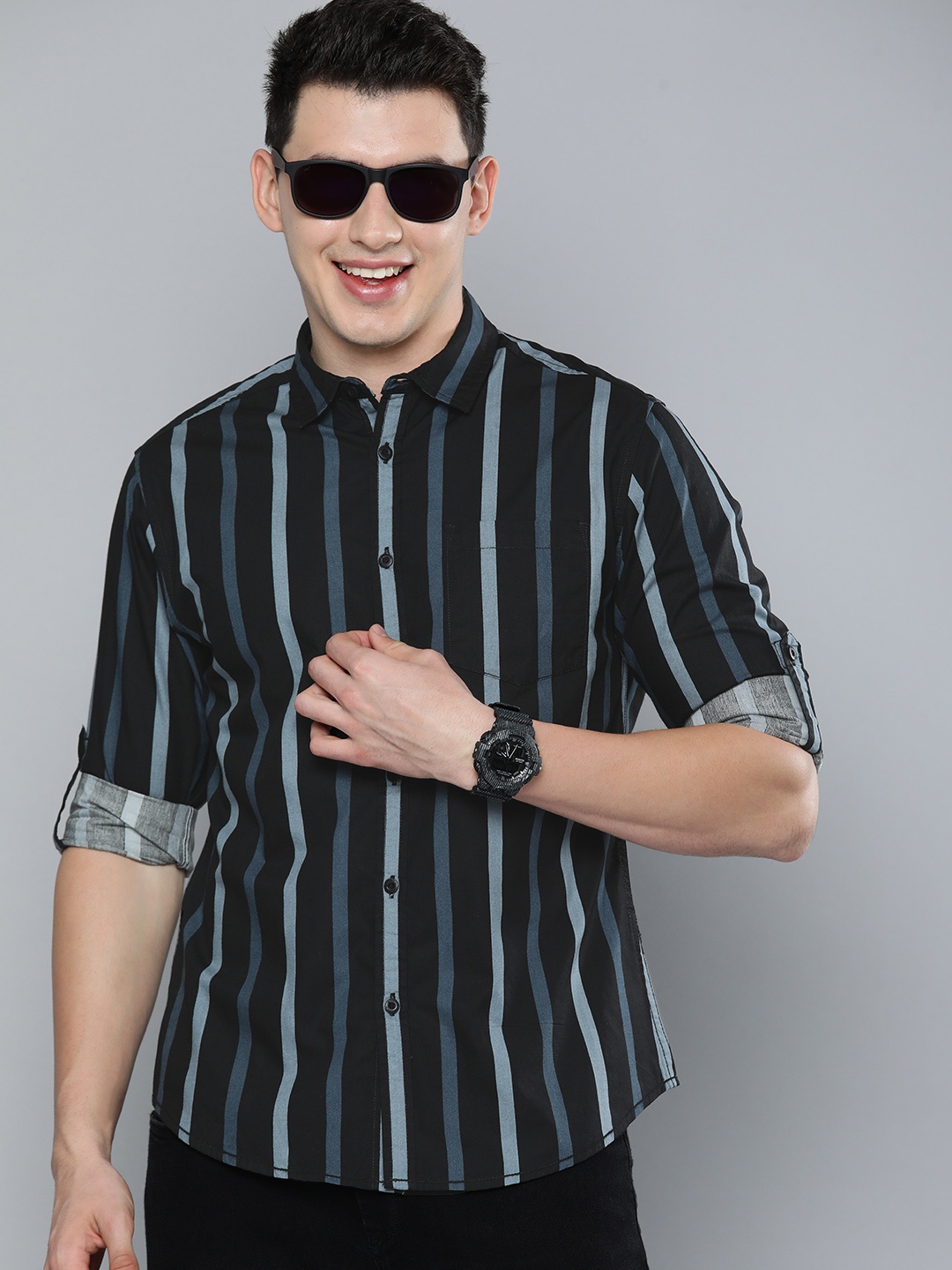 

HERE&NOW Men Black & Grey Striped Slim Fit Sustainable Casual Shirt