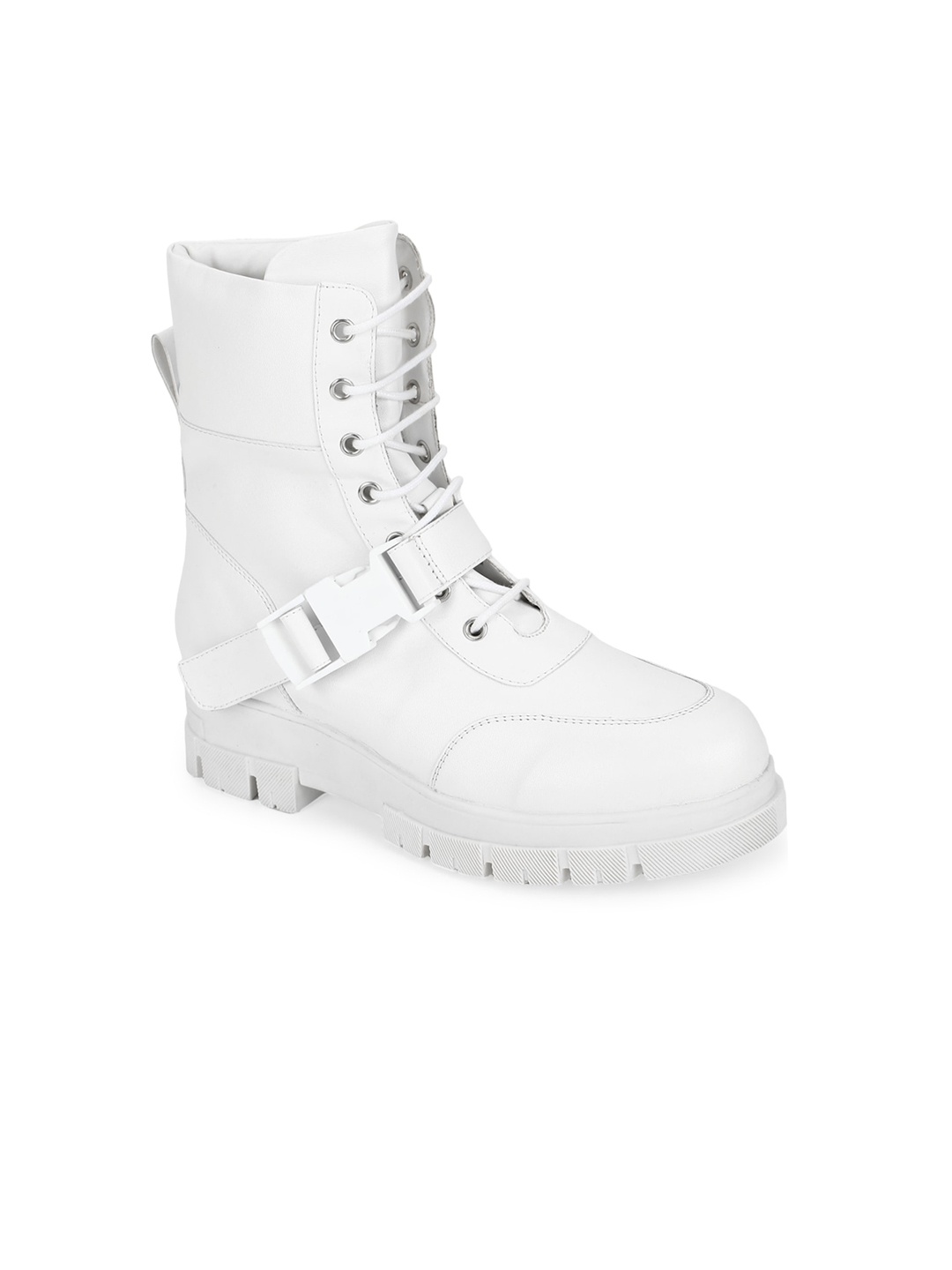 

Truffle Collection Women White PU High-Top Flatform Heeled Boots with Buckles