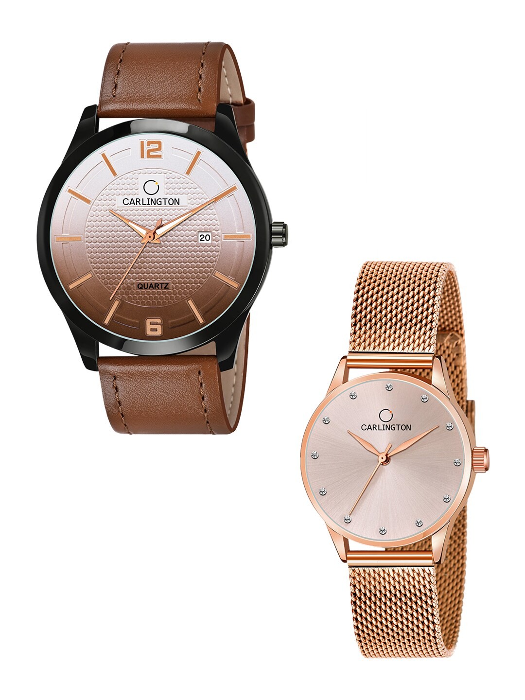 

CARLINGTON Unisex Multicoloured Analogue Watch Combo CT1010 Tan - CT2009 RoseGold