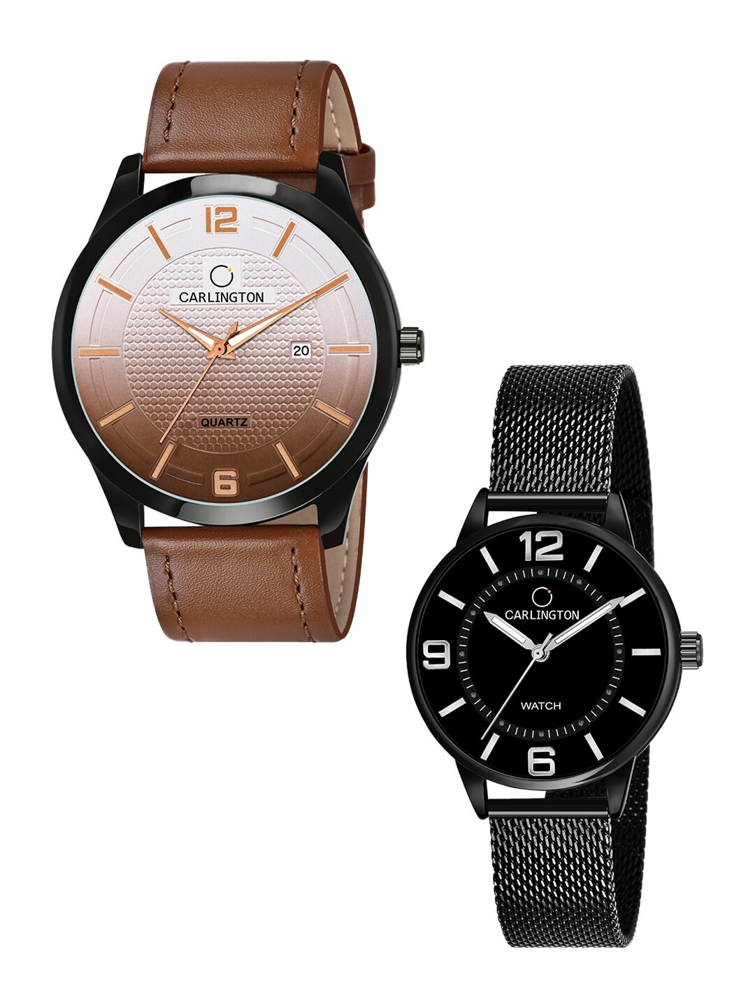 

CARLINGTON Unisex Brown & Black Set Of His & Her Leather Straps Analogue Watch, Tan