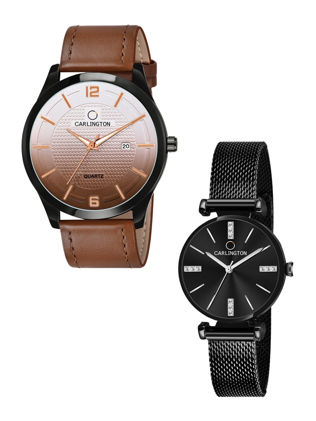 

CARLINGTON Unisex Tan Dial & Black Leather Straps Analogue Watch Combo CT1010 Tan