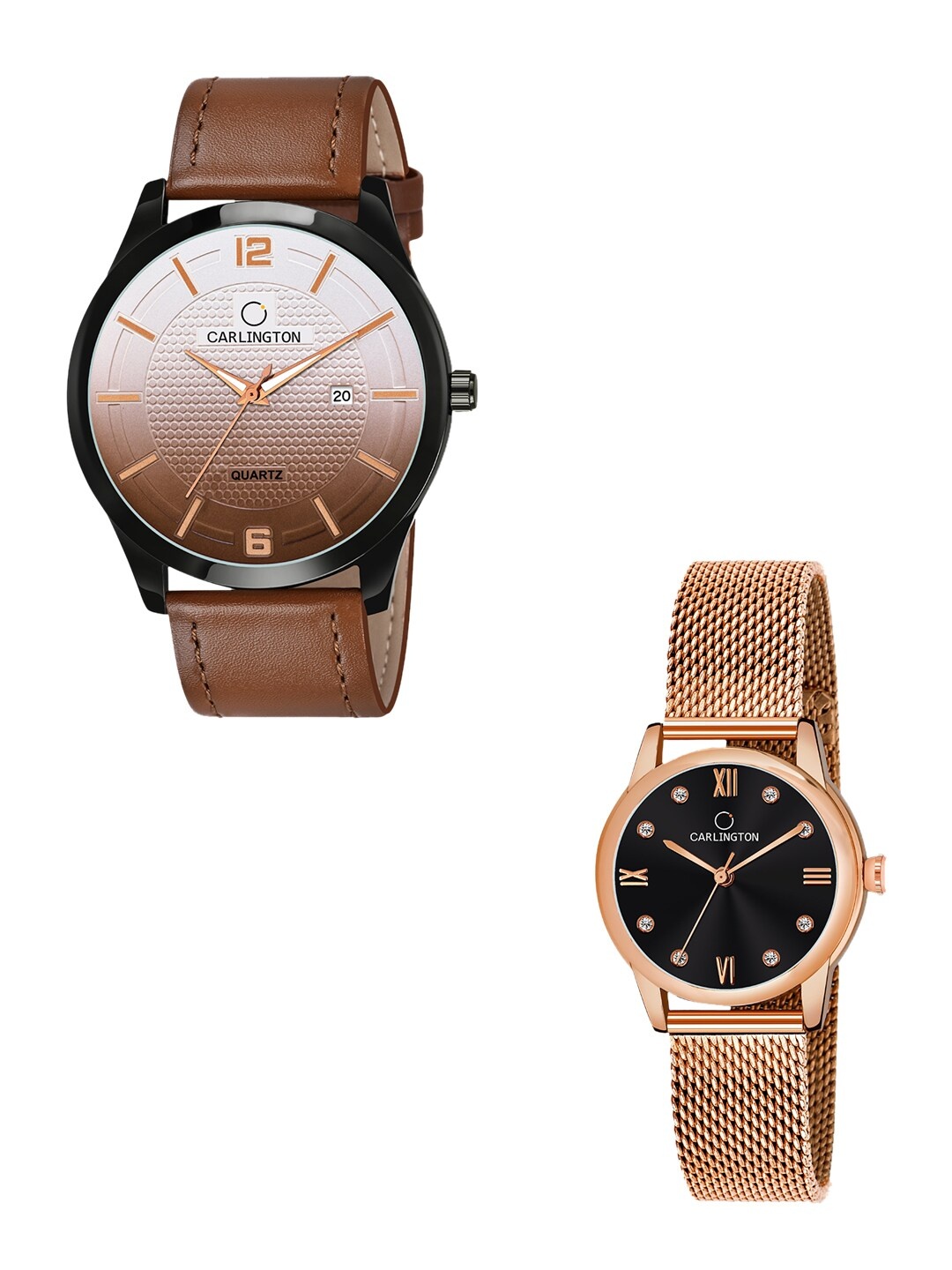 

CARLINGTON Leather Straps Analogue His and Her Watches Combo CT1010 Tan - CT2005 RoseBlack
