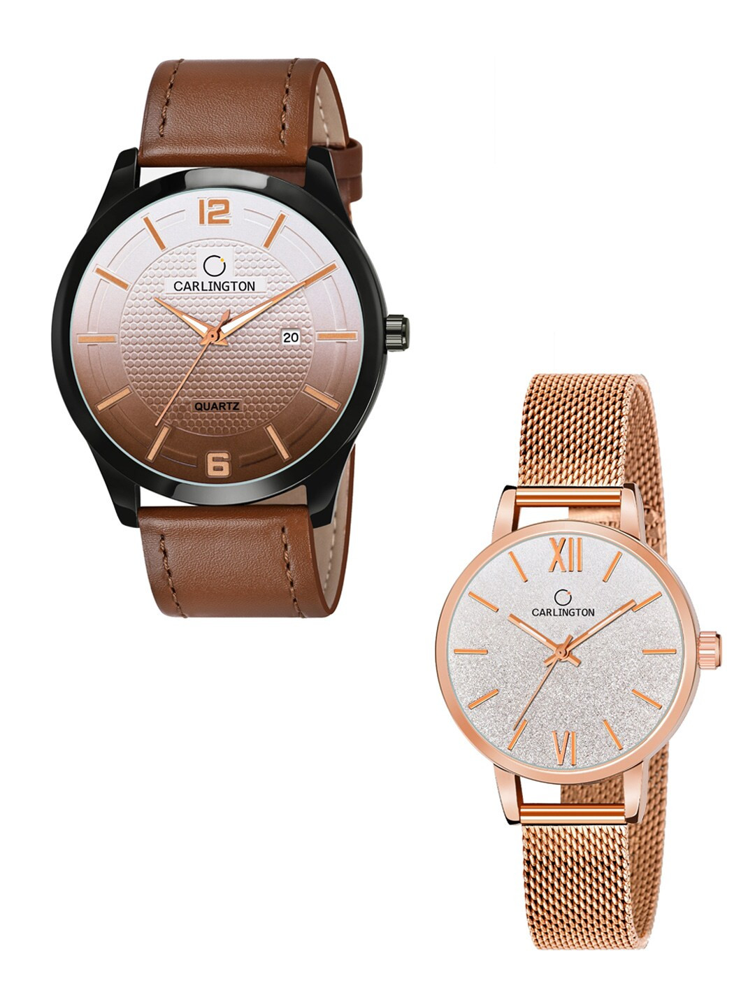 

CARLINGTON Unisex Brown & Black Set Of 2 Analogue Watch Combo CT1010 Tan - CT2018 Rose