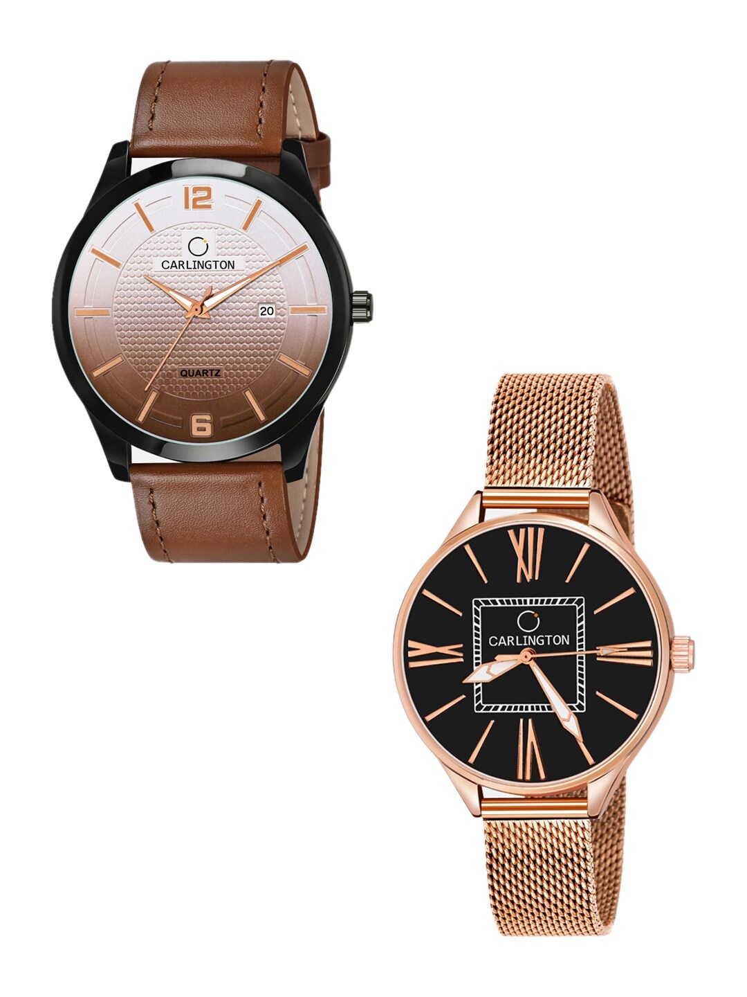 

CARLINGTON Unisex His and Her Watches Watch Combo CT1010 Tan - CT2015 RoseBlack